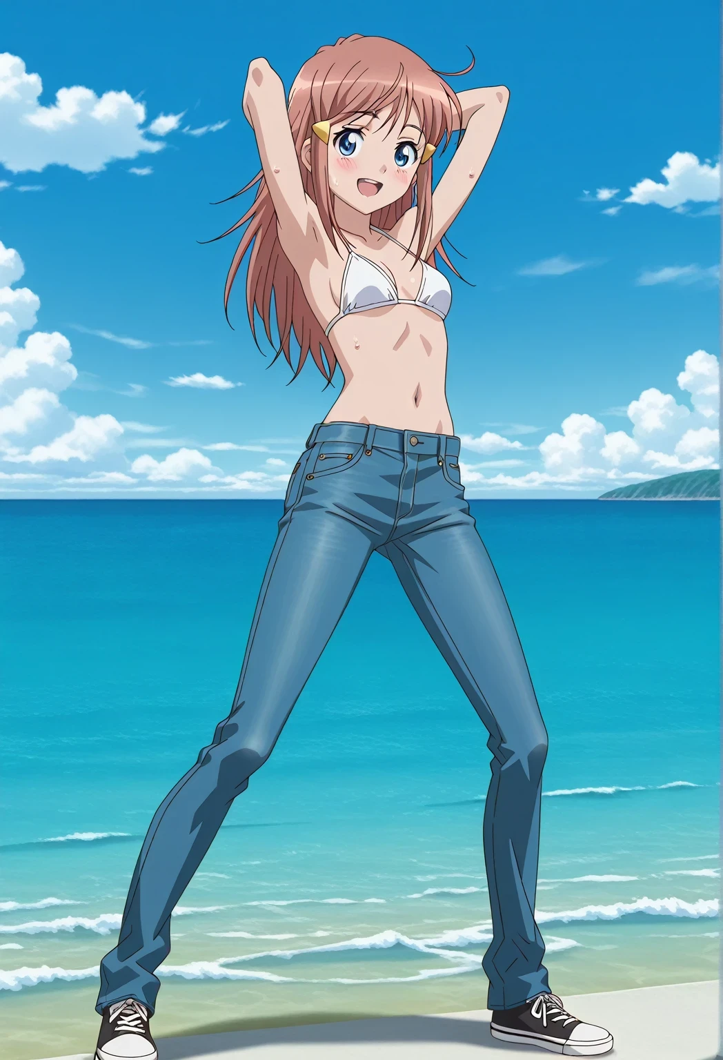score_9, score_8_up, score_7_up, source_anime, highres, hi res, ((best quality, top quality, perfect quality, Highest Quality, amazing quality)), {{masterpiece}}, {{an extremely delicate and beautiful}}, 2d, intricate details, official style, anime, 8k, anime style, official_anime, official art, digital painting, cell shading, soft shading, high resolution, soothing tones, Subdued Color, Soft cinematic light, adobe lightroom, photolab, HDR, intricately and hyper-detailed, ((high quality animation)), 1 girl, Alone, solo, ((ocean)), tsunami, on the water, day, sunny, outdoors, sky, windy, kato_marika, brown hair, long hair, blue eyes, anime screencap, small breasts, white bikini top, best quality, hyper-detailed jeans, ((blue jeans:1.9)), (dark blue jeans:0.6), full medium body, medium shot, Open mouth, smiling, happy face, blush, sweat, standing, ((arms behind head:6.0)), bowlegged, jumping pose, action, looking at viewer, spread legs, Bend knees slightly, straight-on front view