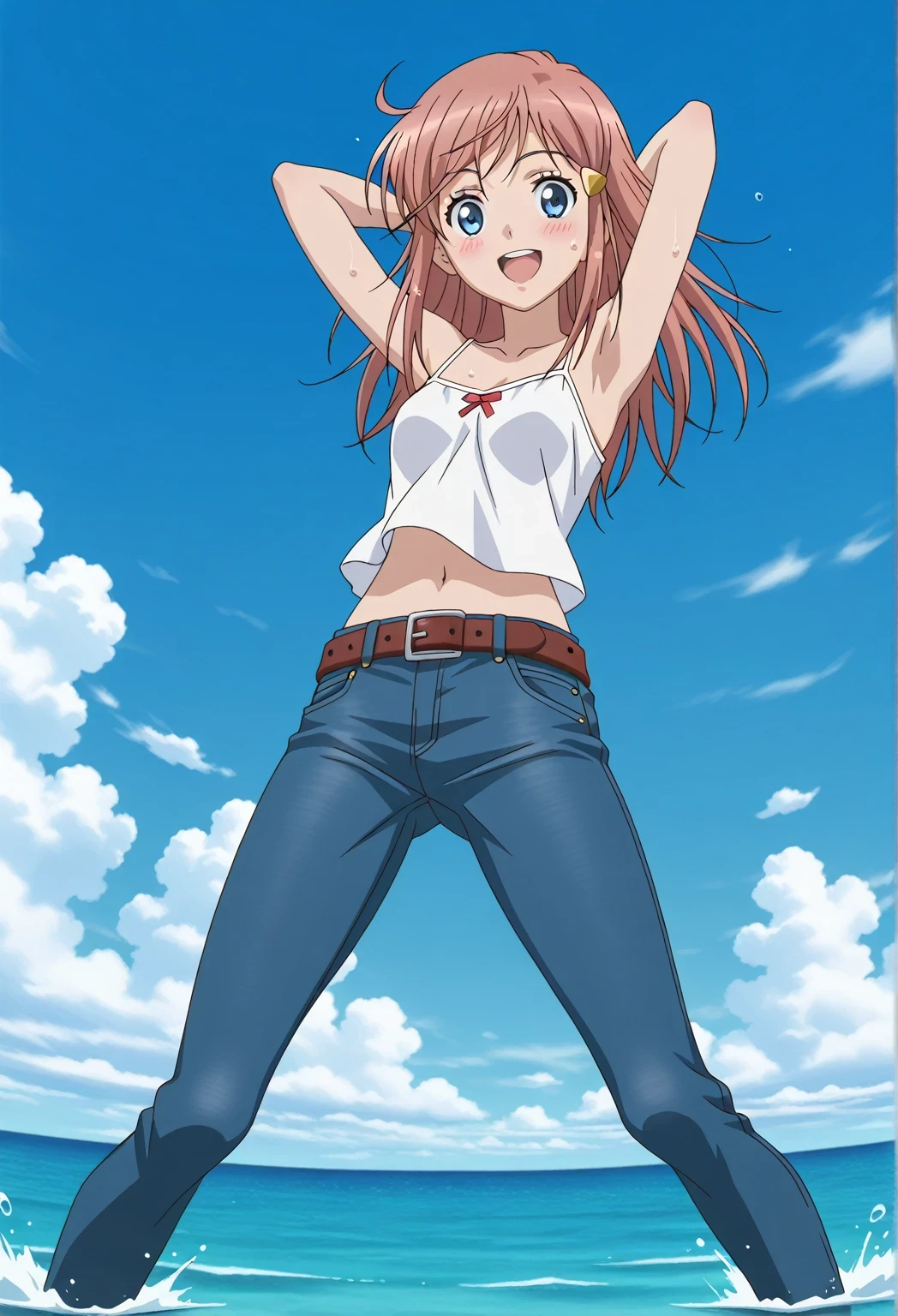 score_9, score_8_up, score_7_up, source_anime, highres, hi res, ((best quality, top quality, perfect quality, Highest Quality, amazing quality)), {{masterpiece}}, {{an extremely delicate and beautiful}}, 2d, intricate details, official style, anime, 8k, anime style, official_anime, official art, digital painting, cell shading, soft shading, high resolution, soothing tones, Subdued Color, Soft cinematic light, adobe lightroom, photolab, HDR, intricately and hyper-detailed, ((high quality animation)), 1 girl, Alone, solo, ((ocean)), tsunami, on the water, day, sunny, outdoors, sky, windy, kato_marika, brown hair, long hair, blue eyes, anime screencap, small breasts, white camisole top, crop top, white crop top, best quality, hyper-detailed jeans, belt, brown belt, ((blue jeans:1.9)), (dark blue jeans:0.6), full medium body, medium shot, Open mouth, smiling, happy face, blush, sweat, standing, ((arms behind head:6.0)), bowlegged, jumping pose, action, looking at viewer, spread legs, Bend knees slightly, straight-on front view