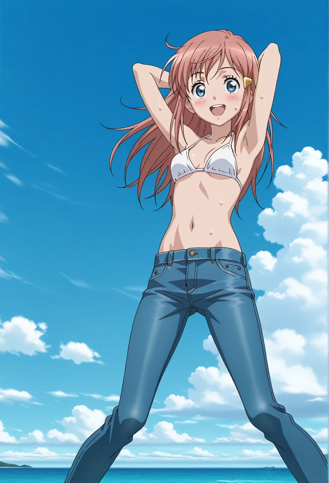 score_9, score_8_up, score_7_up, source_anime, highres, hi res, ((best quality, top quality, perfect quality, Highest Quality, amazing quality)), {{masterpiece}}, {{an extremely delicate and beautiful}}, 2d, intricate details, official style, anime, 8k, anime style, official_anime, official art, digital painting, cell shading, soft shading, high resolution, soothing tones, Subdued Color, Soft cinematic light, adobe lightroom, photolab, HDR, intricately and hyper-detailed, ((high quality animation)), 1 girl, Alone, solo, ((ocean)), tsunami, on the water, day, sunny, outdoors, sky, windy, kato_marika, brown hair, long hair, blue eyes, anime screencap, small breasts, white bikini top, best quality, hyper-detailed jeans, ((blue jeans:1.9)), (dark blue jeans:0.6), full medium body, medium shot, Open mouth, smiling, happy face, blush, sweat, standing, ((arms behind head:6.0)), bowlegged, jumping pose, action, looking at viewer, spread legs, Bend knees slightly, straight-on front view