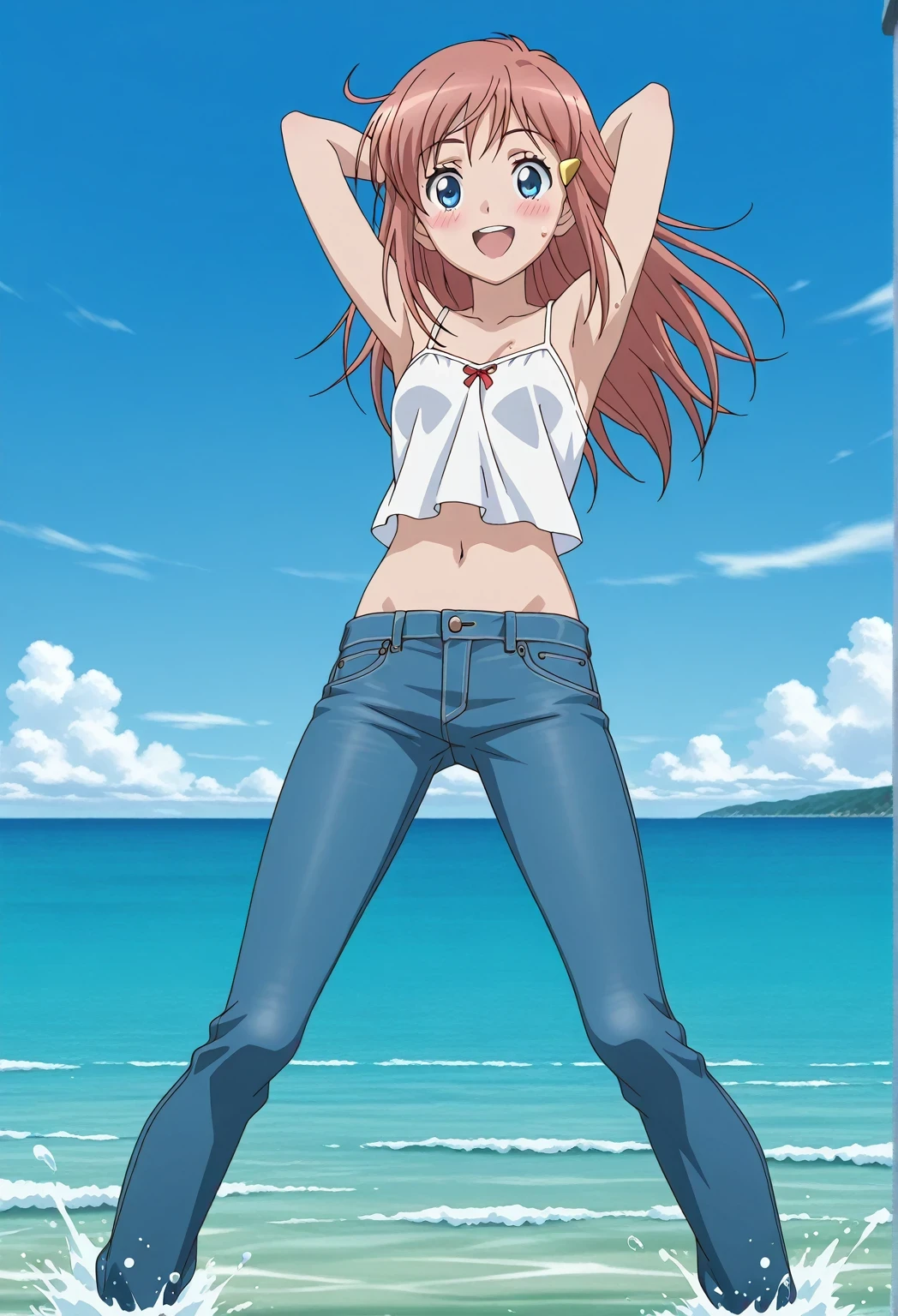 score_9, score_8_up, score_7_up, source_anime, highres, hi res, ((best quality, top quality, perfect quality, Highest Quality, amazing quality)), {{masterpiece}}, {{an extremely delicate and beautiful}}, 2d, intricate details, official style, anime, 8k, anime style, official_anime, official art, digital painting, cell shading, soft shading, high resolution, soothing tones, Subdued Color, Soft cinematic light, adobe lightroom, photolab, HDR, intricately and hyper-detailed, ((high quality animation)), 1 girl, Alone, solo, ((ocean)), tsunami, on the water, day, sunny, outdoors, sky, windy, kato_marika, brown hair, long hair, blue eyes, anime screencap, small breasts, white camisole top, crop top, white crop top, best quality, hyper-detailed jeans, ((blue jeans:1.9)), (dark blue jeans:0.6), full medium body, medium shot, Open mouth, smiling, happy face, blush, sweat, standing, ((arms behind head:6.0)), bowlegged, jumping pose, action, looking at viewer, spread legs, Bend knees slightly, straight-on front view