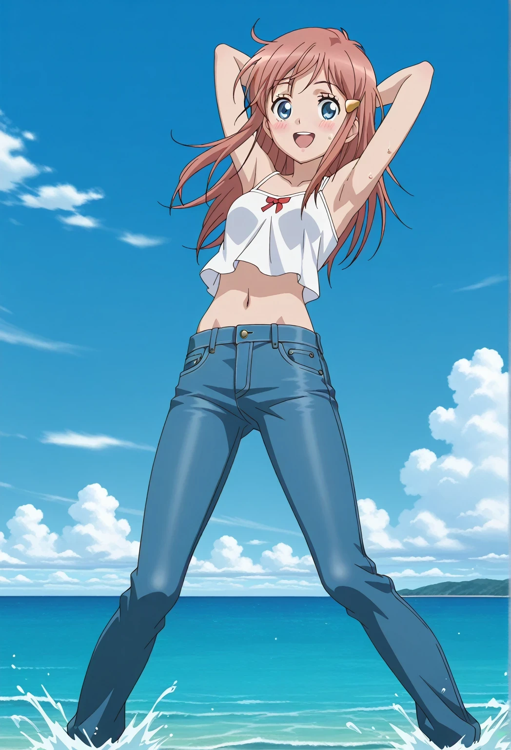 score_9, score_8_up, score_7_up, source_anime, highres, hi res, ((best quality, top quality, perfect quality, Highest Quality, amazing quality)), {{masterpiece}}, {{an extremely delicate and beautiful}}, 2d, intricate details, official style, anime, 8k, anime style, official_anime, official art, digital painting, cell shading, soft shading, high resolution, soothing tones, Subdued Color, Soft cinematic light, adobe lightroom, photolab, HDR, intricately and hyper-detailed, ((high quality animation)), 1 girl, Alone, solo, ((ocean)), tsunami, on the water, day, sunny, outdoors, sky, windy, kato_marika, brown hair, long hair, blue eyes, anime screencap, small breasts, white camisole top, crop top, white crop top, best quality, hyper-detailed jeans, ((blue jeans:1.9)), (dark blue jeans:0.6), full medium body, medium shot, Open mouth, smiling, happy face, blush, sweat, standing, ((arms behind head:6.0)), bowlegged, jumping pose, action, looking at viewer, spread legs, Bend knees slightly, straight-on front view