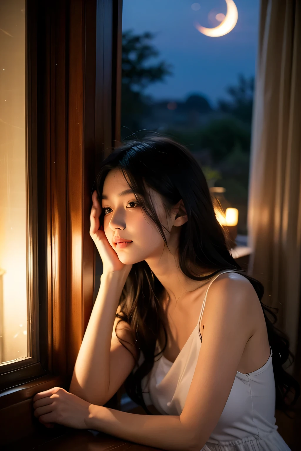 (photorealism:1.2), Create an image of an alone confident 2 Filipina woman with an hourglass body shape, slightly , standing at 5'4". She has fair skin, long and thick hair, and a small heart-shaped face with subtle cheekbones and a rounded chin. Her nose is delicate, pointy, and . She is sitting on a chair at a table inside a beautifully decorated room, lost in thought with a joyful and contemplative expression. Her windswept hair frames her delicate features beautifully. She is wearing an elegant evening gown that drapes gracefully around her. Her hands are resting on the table or gently touching her chin, reflecting her deep thinking. The room is softly illuminated by moonlight streaming through large windows, casting a gentle glow across the scene. Outside, the night sky is dotted with stars, adding a serene and tranquil ambiance to the evening.