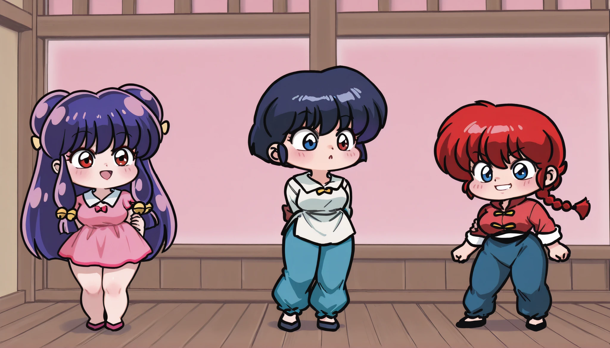 3 girls hugging, ranma 1/2 characters, (girl 1, Ranma Saotome, red hair, Hair with a braid, blue eyes, Pechos grandes, red shirt with yellow buttons, blue pants), (Girl 2 , akane tendou (ranma 1/2), dark blue hair, short hair, ojos cafes, medium breasts, school dress with long skirt, blue and white school dress), (Girl 3, Shampoo (ranma 1/2), purple hair, long hair, Red Eyes, Pechos grandes, Chinese pink dress, short skirts, bare thighs), NSFW,  sexy hips, sexy girls , Japanese Dojo , by day, cute women hugging, Cute anime girl, blushed, standing,  poses cute , imagen linda wallpaper, full bodies,  chibis , looking at the spectator, happy, arm hug, holding another's arm