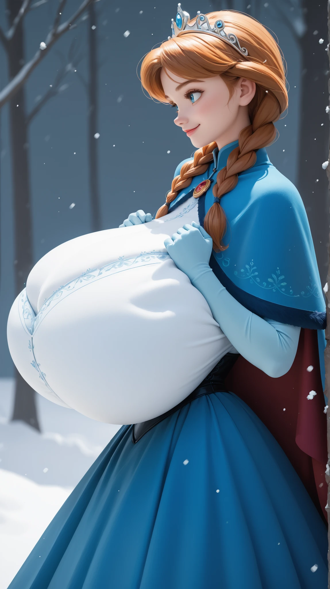 Disney Princess Anna with gigantic breasts, ((((((gigantic breasts)))))), (breast squeeze), (from side), AnnaXLP, blue dress, long skirt, elbow gloves, cape, capelet, corset, twin braids, facing left, smile, portrait, winter background, (((fully clothed)))