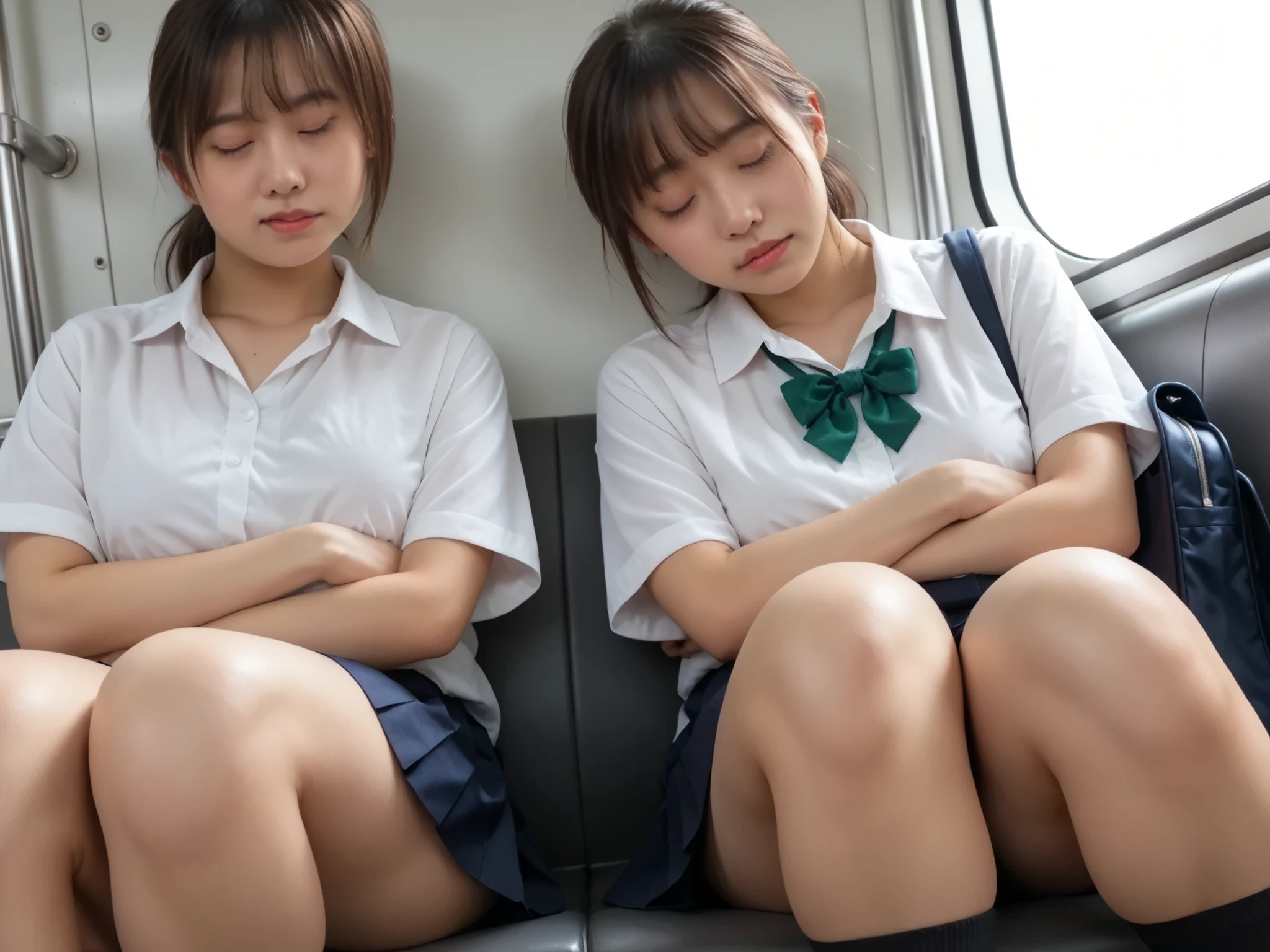 ((2girls)) in train, face look down, (Japanese girls), perfect face, highly detailed skin, best quality, very detailed face in, vibrant colors, ((Curvaceous body)), sleeping, close eyes, Brown Hair, ((green gingham ribbon on chest)), black socks, dark pleats skirt, highschool uniform, sit on train seat, wet seat, beautiful thighs, ((embarrassing)), (hide white panties:0.6), (Shiny thighs, ((detailed glossy thigh)), cross arms, (school bag on legs), loosely opened mouth, (((pov of long shot))), black short hair, brown ponytail hair, head on shoulder, (((dynamic angle)))