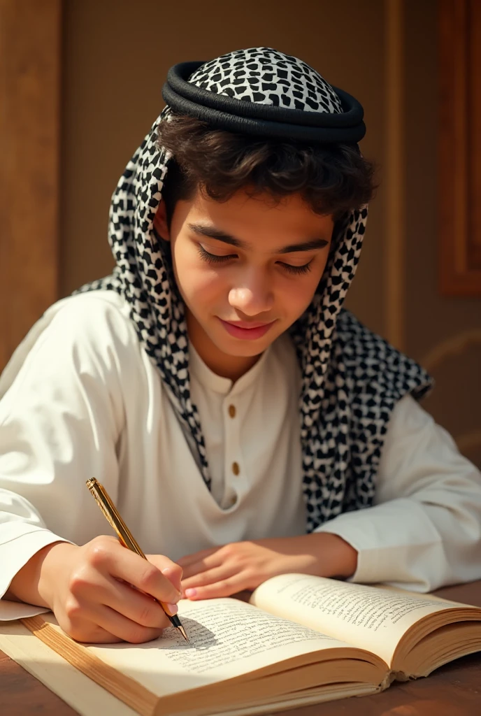 I want a picture of a young Saudi man with a ghetra and a headband writing poetry
