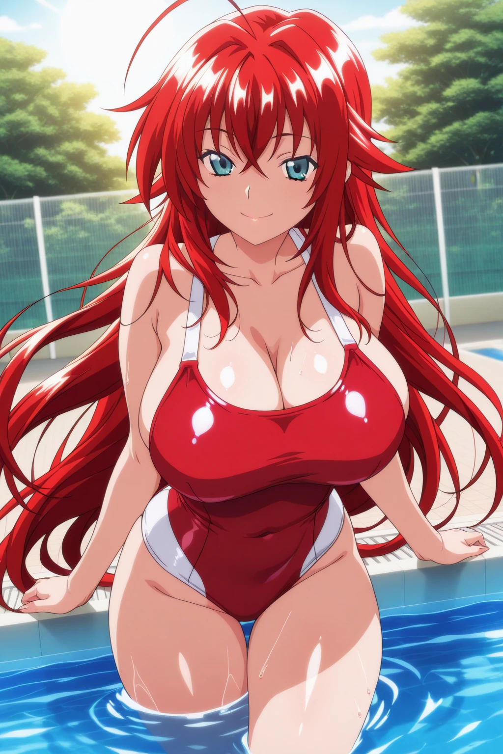 (masterpiece:1.2, best quality:1.2, beautiful, high quality, highres:1.1, aesthetic), detailed, extremely detailed, ambient soft lighting, 4K, perfect eyes, perfect face, perfect lighting, 1girl, solo, , huge thighs, narrow waist, wide , thick thighs, curvy, standing, looking at viewer, facing viewer, Rias Gremory, rias form high school dxd, one piece swimsuit, blue swimsuit, (((blue eyes))), red hair, antenna hair, wavy hair, pool,