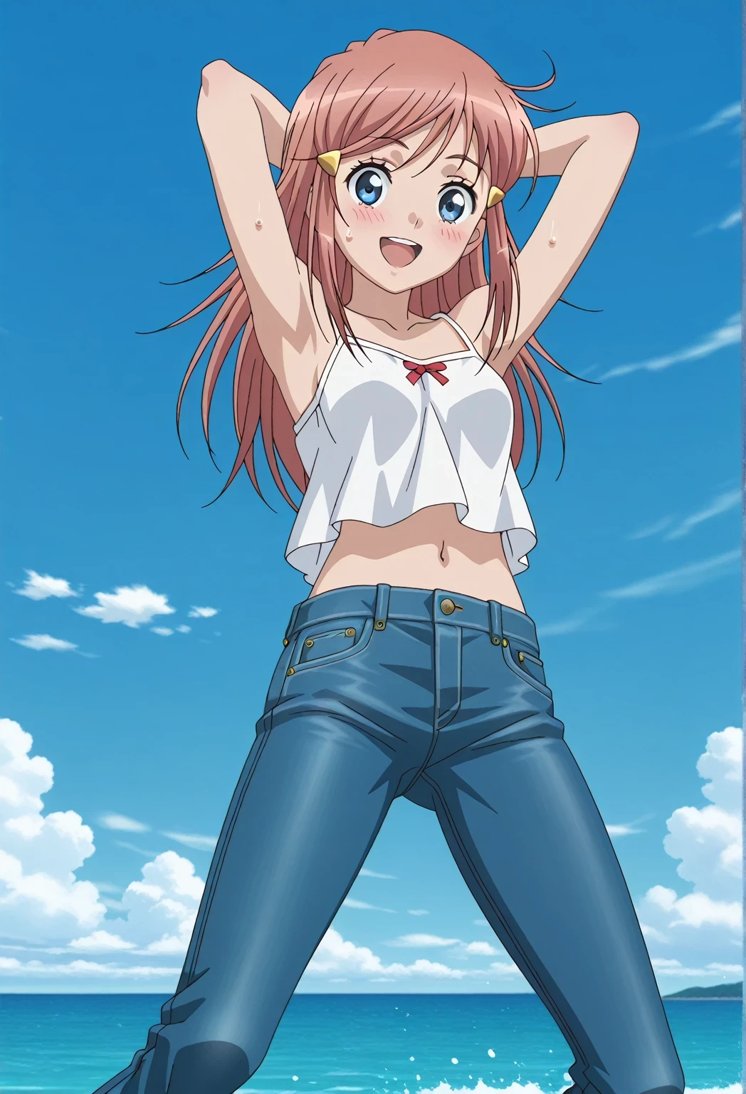 score_9, score_8_up, score_7_up, source_anime, highres, hi res, ((best quality, top quality, perfect quality, Highest Quality, amazing quality)), {{masterpiece}}, {{an extremely delicate and beautiful}}, 2d, intricate details, official style, anime, 8k, anime style, official_anime, official art, digital painting, cell shading, soft shading, high resolution, soothing tones, Subdued Color, Soft cinematic light, adobe lightroom, photolab, HDR, intricately and hyper-detailed, ((high quality animation)), 1 girl, Alone, solo, ((ocean)), tsunami, on the water, day, sunny, outdoors, sky, windy, kato_marika, brown hair, long hair, blue eyes, anime screencap, small breasts, white camisole top, crop top, white crop top, best quality, hyper-detailed jeans, ((blue jeans:1.9)), (dark blue jeans:0.6), full medium body, medium shot, Open mouth, smiling, happy face, blush, sweat, standing, ((arms behind head:6.0)), bowlegged, jumping pose, action, looking at viewer, spread legs, Bend knees slightly, straight-on front view