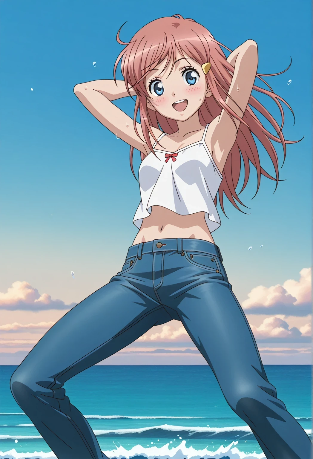score_9, score_8_up, score_7_up, source_anime, highres, hi res, ((best quality, top quality, perfect quality, Highest Quality, amazing quality)), {{masterpiece}}, {{an extremely delicate and beautiful}}, 2d, intricate details, official style, anime, 8k, anime style, official_anime, official art, digital painting, cell shading, soft shading, high resolution, soothing tones, Subdued Color, Soft cinematic light, adobe lightroom, photolab, HDR, intricately and hyper-detailed, ((high quality animation)), 1 girl, Alone, solo, ((ocean)), tsunami, on the water, day, sunny, outdoors, sky, windy, kato_marika, brown hair, long hair, blue eyes, anime screencap, small breasts, white camisole top, crop top, white crop top, best quality, hyper-detailed jeans, ((blue jeans:1.9)), (dark blue jeans:0.6), full medium body, medium shot, Open mouth, smiling, happy face, blush, sweat, standing, ((arms behind head:6.0)), bowlegged, jumping pose, action, looking at viewer, spread legs, Bend knees slightly, straight-on front view
