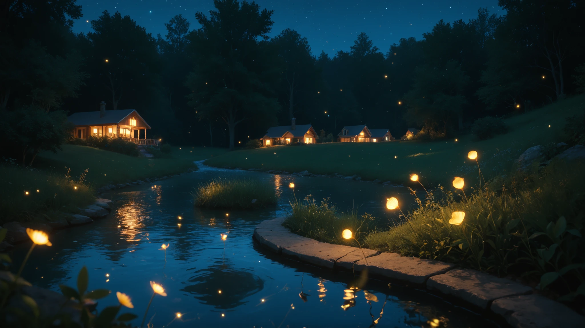 night, Firefly Night, countless fireflies glowing above water surface,