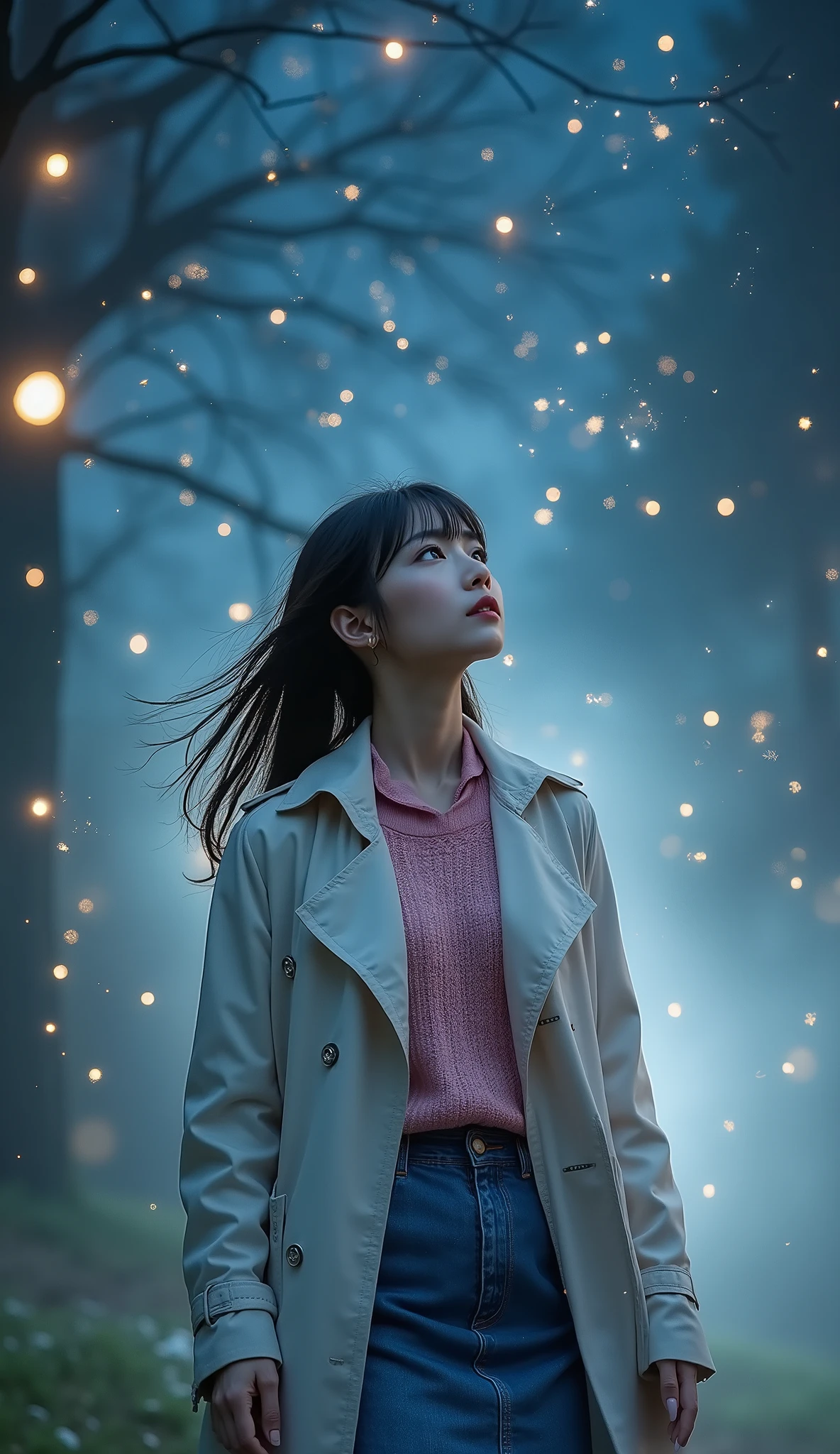( 32K High Resolution, Highest Quality, masterpiece, Ultra High Definition), Details on all aspects, (((ultimate perfect dynamic composition:1.3, Starry sky in full bloom, night空に舞う蛍の光:1.3, mysterious:1.3))), Highly detailed skin and facial textures, professional low angle camera work and beautiful focus:1.3, Ultra High Accuracy, (night, fog, looks up at the sky:0.8, that woman is wearing a white trench coat, pink knit sweater, and denim tight skirt), small face, sexy face, Old-fashioned, Amazing, tradition, majestic, training, big L cup boobs, Waist size 55cm, 92 cm butt, Romantic, Artistic, mysterious, Object of praise, original, Dramatic, Innovative, charm, Heartful, gorgeous, sense of loss, Special, exciting, Extreme, Mysterious Symmetry
