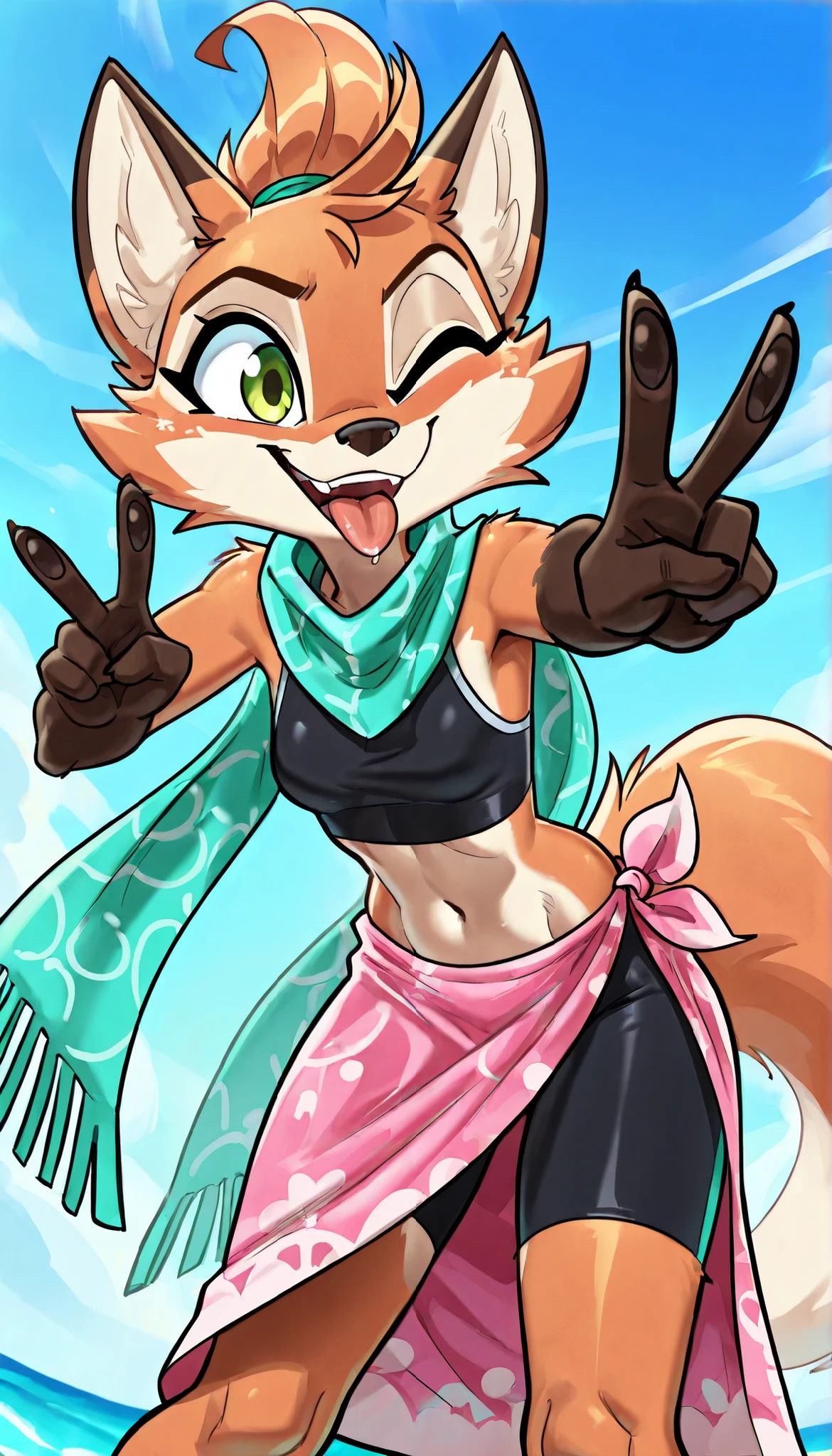 score_9, score_8_up, score_7_up, 1girl, source furry, absurdres, masterpiece, best quality, amazing quality, siroc, solo, dynamic angle, fleetfox, furry, fox, orange fur, green eyes, female, short hair, spiky pointed bangs tuft, fleetSummer, ((black tankini, midriff, black bike shorts, navel, turquoise long scarf with flower pattern, pink sarong)), uperbody, small breasts, ponytail, smile, action pose, v, peace sign with one hand, beach on background, low angle view, looking down, wink, one eye closed, tongue out, open mouth, leaning forward, 