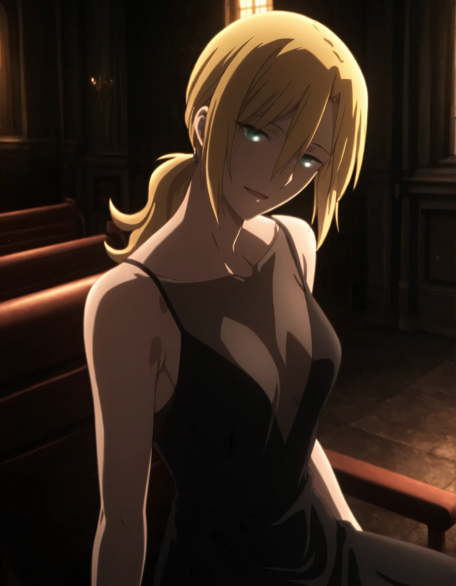 <lora:KnK_aozaki_toukoXLIllustrious001>,
masterpiece,best quality,good quality,newest, detailed face,
indoors, (church), dark, ,
light smile, light open mouth,
looking at viewer,
solo,
anime coloring,
aozaki_touko\(kara_no_kyoukai\),1girl,(flipped hair), (blond hair), long bangs, semi long hair, low ponytail, (green blue eyes),(),,
((small breasts)), (aged up:1.2),
(black dress,see-through,sleeveless,strap dress,long_dress) ,head tilt, , ,
sitting,