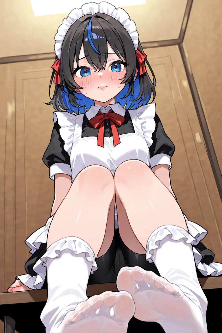 (((Pixel Perfect, Perfect in every detail,nsfw,,clothes lift,large breasts,light smile,dpubic hair,alon,solo focus,clothes lift,1 girl,black thigh-high socks))), alone, One girl, ((Ruka Sarashina)), Blue Ribbon, big , (Princess Maid), View your viewers, In the room, sitting,spread legs