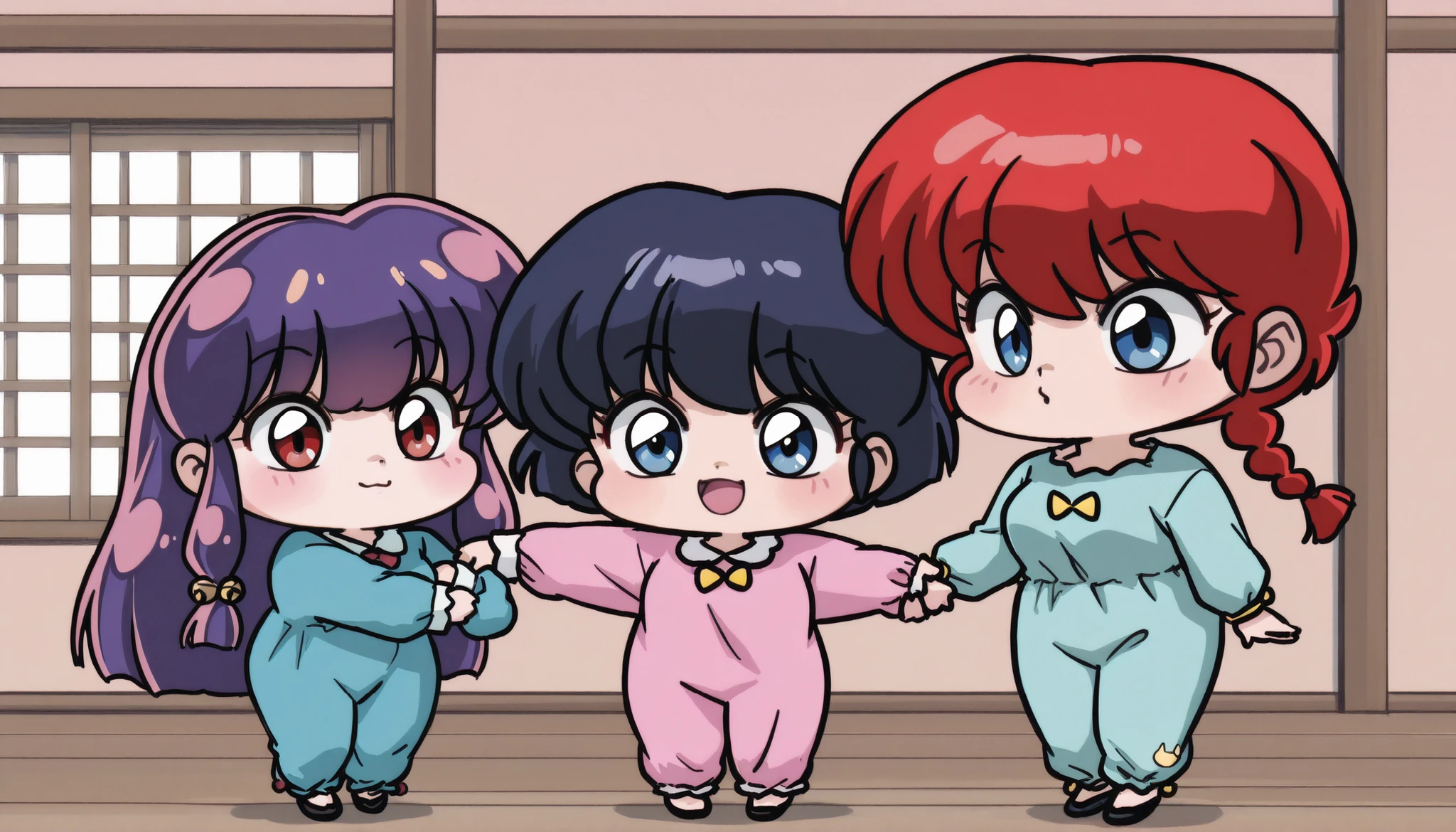3 girls hugging, ranma 1/2 characters, (girl 1, Ranma Saotome, red hair, Hair with a braid, blue eyes, Pechos grandes), (Girl 2 , akane tendou (ranma 1/2), dark blue hair, short hair, ojos cafes, medium breasts), (Girl 3, Shampoo (ranma 1/2), purple hair, long hair, Red Eyes, Pechos grandes), NSFW,  sexy hips, sexy girls , Japanese Dojo , by day, cute women hugging, Cute anime girl, blushed, standing,  poses cute , imagen linda wallpaper, full bodies,  chibis , looking at the spectator, happy, arm hug, holding another's arm, kitten pajamas, cute kittens, full body pajamas, nothing, dressed as cats 
