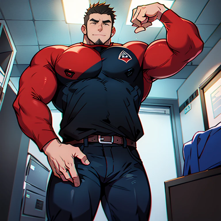 absurderes, hight resolution, 1male people, full body visible (wrestling Magazine covers:1.2), Yaoi(bara) , Stubble,clothes down, matured male, ruggedly handsome face(Zangief), dark eyes, mustache, old face, beefy,thick dark eyebrow, thick eyebrows, Male Focus, designed beard、(wearing red ), big bulging crotch, big crotch, , wrestling uniform, red wrestling singlet, squatting with , crotch in focus, Detailed body,Ultra-detailed eyes,hyperdetailed face,(Gray hair:1.2),(All Back Hair:1.2)、(Very short hair:1.2),(hyper pecs:1.5),Open Claus,(Soft smile:1.2),Perfect ligthing,(flexing biceps:1.2)