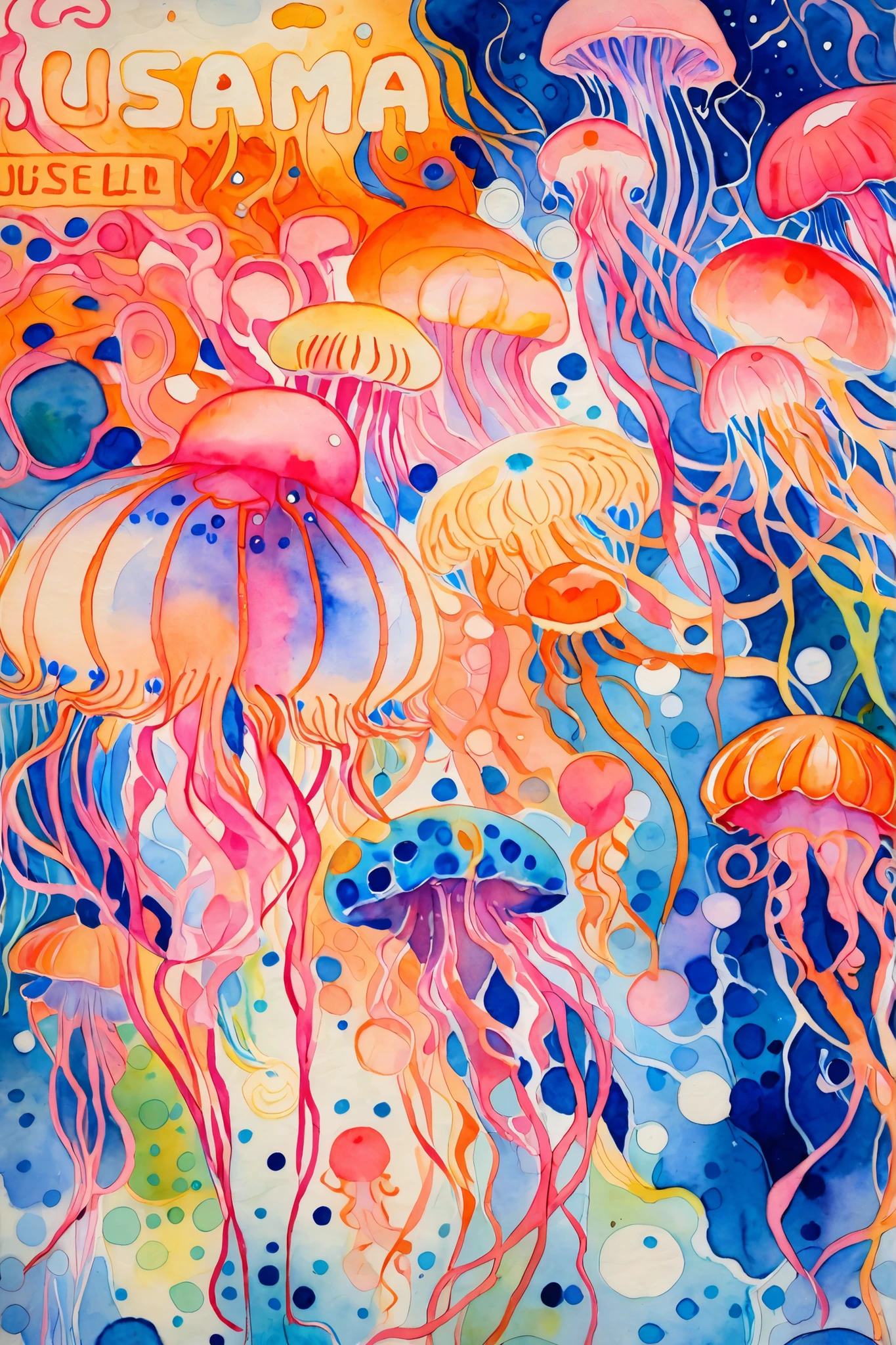 A Japanese-style watercolor painting on textured paper, depicting a lively scene of colorful jellyfish. The colors are vibrant—hot pink, electric blue, and sunny orange—but slightly muted by the paper's texture. Use flowing, expressive brushstrokes for the tentacles. The composition is dense and full, capturing a sense of abundant life.