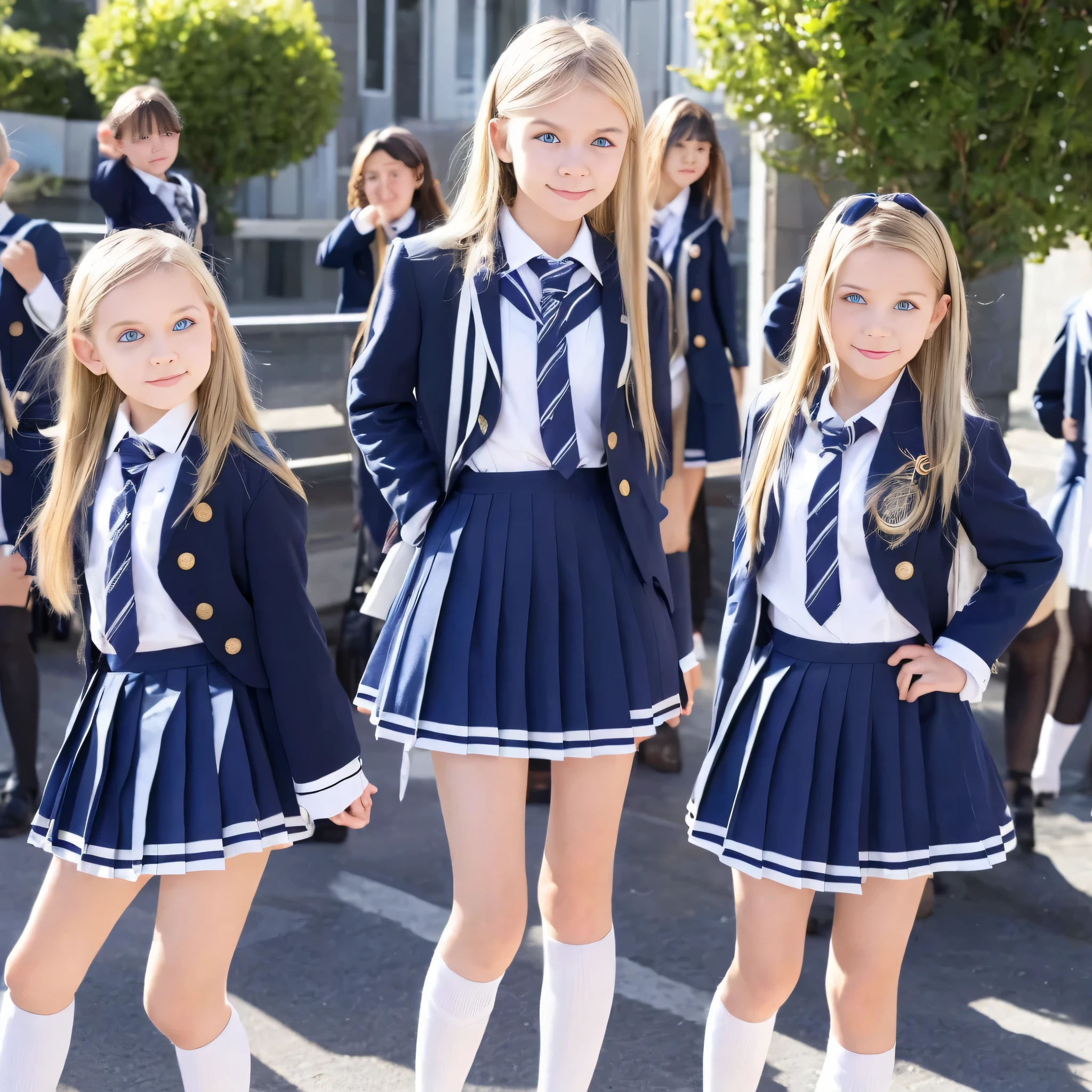 European girls,blue eyes,blonde long hair,10 years old,Black and white school uniform ,pleated skirt,
