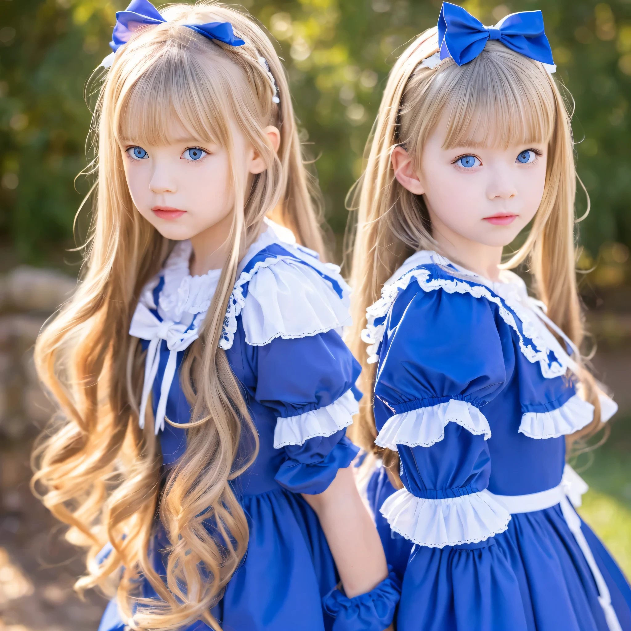 Highest Quality,4K,European Girl,10 years old,blonde long hair,blue eyes,Clothes with ruffles and bows