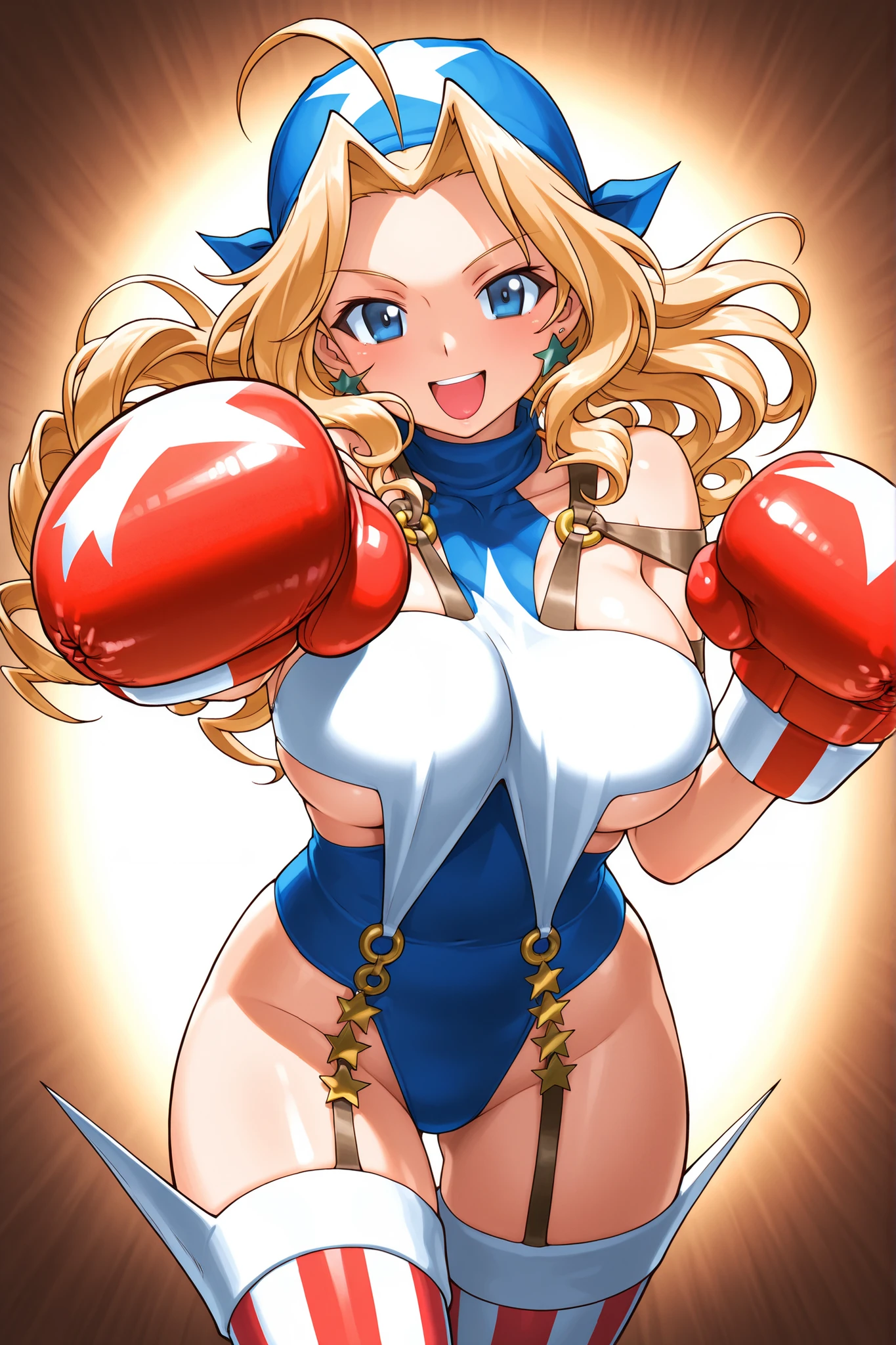 1girl, Character, Girls Und Panzer, Kay, ,(tiffany_lords cosplay), white leotard, blue leotard, underboob, o-ring, bare shoulders, garter straps, thigh gap, vertical-striped thighhighs, blue bandana, boxing gloves, large breasts, blonde hair, ahoge, long hair, drill hair, blue eyes, narrow eyes, star earrings, happy, punching towards viewer, portrait shot, Girls_und_Panzer art style