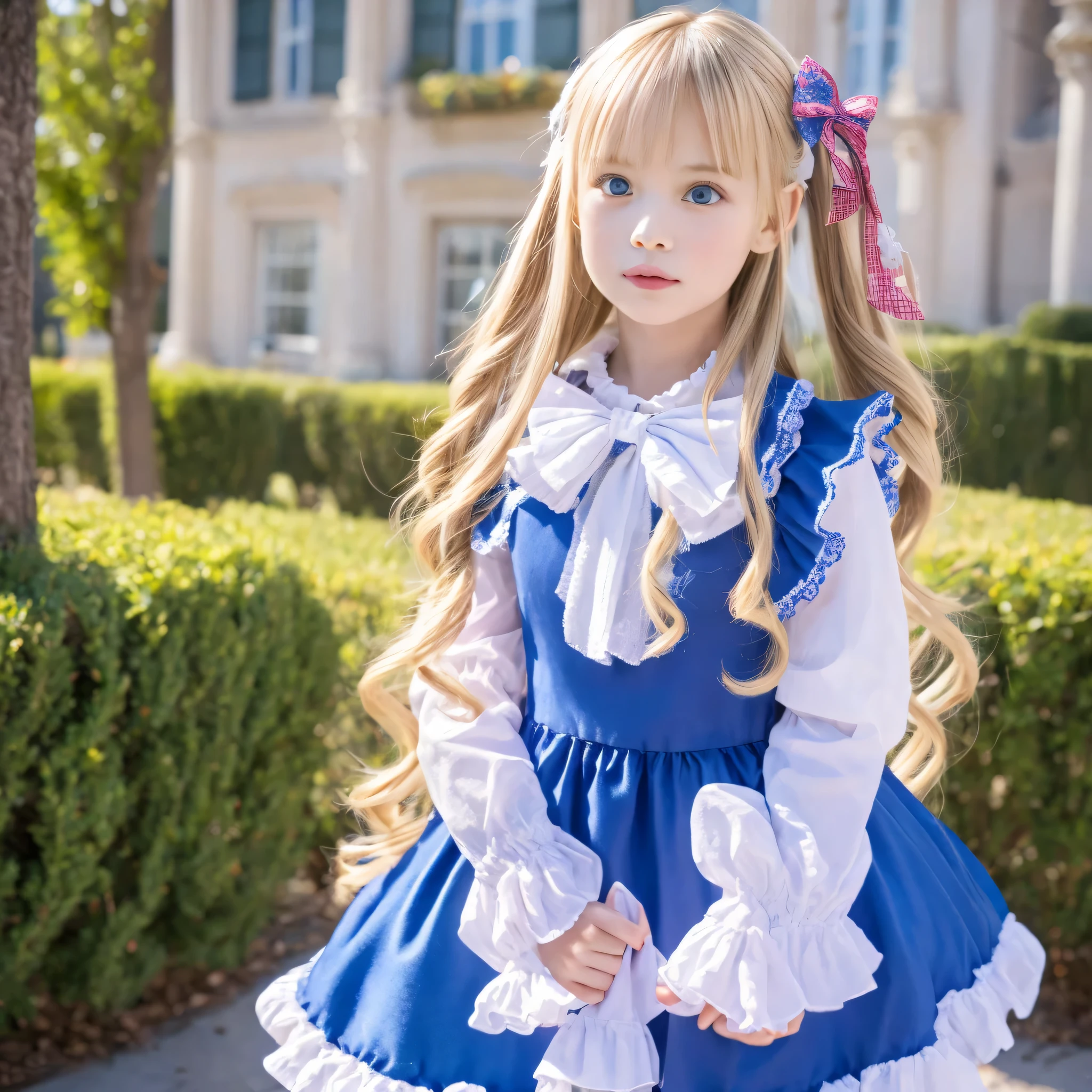Highest Quality,4K,European Girl,10 years old,blonde long hair,blue eyes,Clothes with ruffles and bows