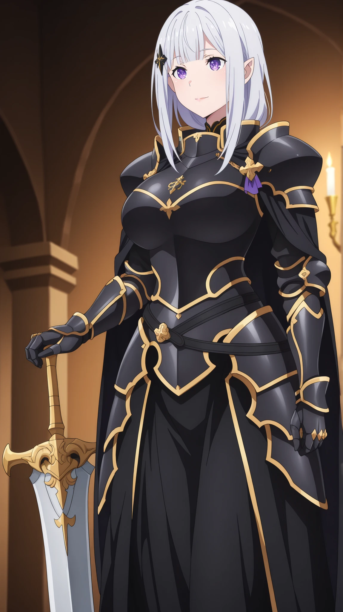 newest , masterpiece , anime screencap , anime coloring , adult ReZero, Solo, long dress, Satella, Anime, 1girl, Mature Female, pointy ears, hair ornament, silver hair, long hair, closed mouth, light smile, lips, purple eyes, big breasts, view detailed body, Curvy, glamorous bodies, attractive bodies,((knight, armored dress, black cape, black armor, pauldrons, gauntlets, black gloves, black belt, faulds, long skirt, black skirt,)), (((Sexy,))) big sword, holding weapon,