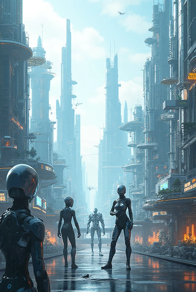 robots are standing in a narrow alley with a city in the background, peter gric and dan mumford, craig mullins nekro, by Peter Gric, style of jim burns, inspired by Stephan Martiniere, cgsociety ), cybernetic civilizations, cybernetic civilisations, fractalpunk, award winning scifi art, by Ian Miller --auto --s2