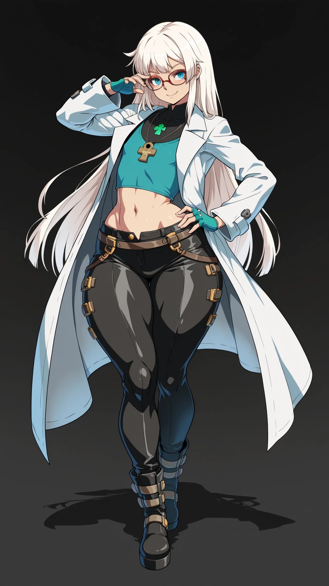 White background, femboy, 1male, petite, lithe body, flat chest, very long hair, white hair, blue eyes, wide hips, thick thighs, smile, glasses, white lab coat, blue undershirt, leather pants, black boots,, standing, posing, Guilty Gear Strive artstyle