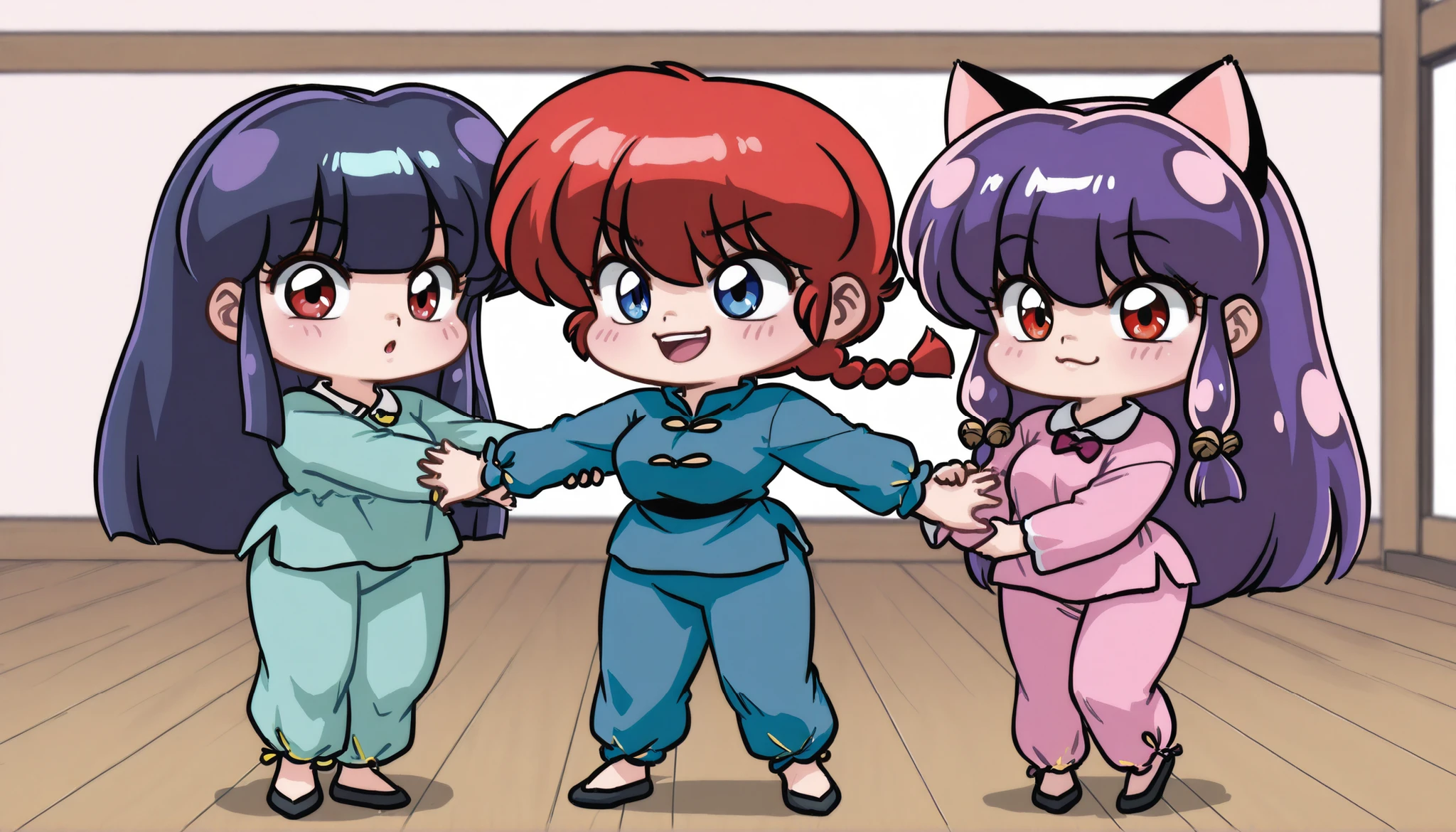 3 girls hugging, ranma 1/2 characters, (girl 1, Ranma Saotome, red hair, Hair with a braid, blue eyes, Pechos grandes), (Girl 2 , akane tendou (ranma 1/2), dark blue hair, straight short hair , ojos cafes, medium breasts), (Girl 3, Shampoo (ranma 1/2), purple hair, long hair, Red Eyes, Pechos grandes), NSFW,  sexy hips, sexy girls , Japanese Dojo , by day, cute women hugging, Cute anime girl, blushed, standing,  poses cute , imagen linda wallpaper, full bodies,  chibis , looking at the spectator, happy, arm hug, holding another's arm, plush pajamas, cute kittens, full body pajamas, nothing, dressed as cats, cat ears, cat glue, 