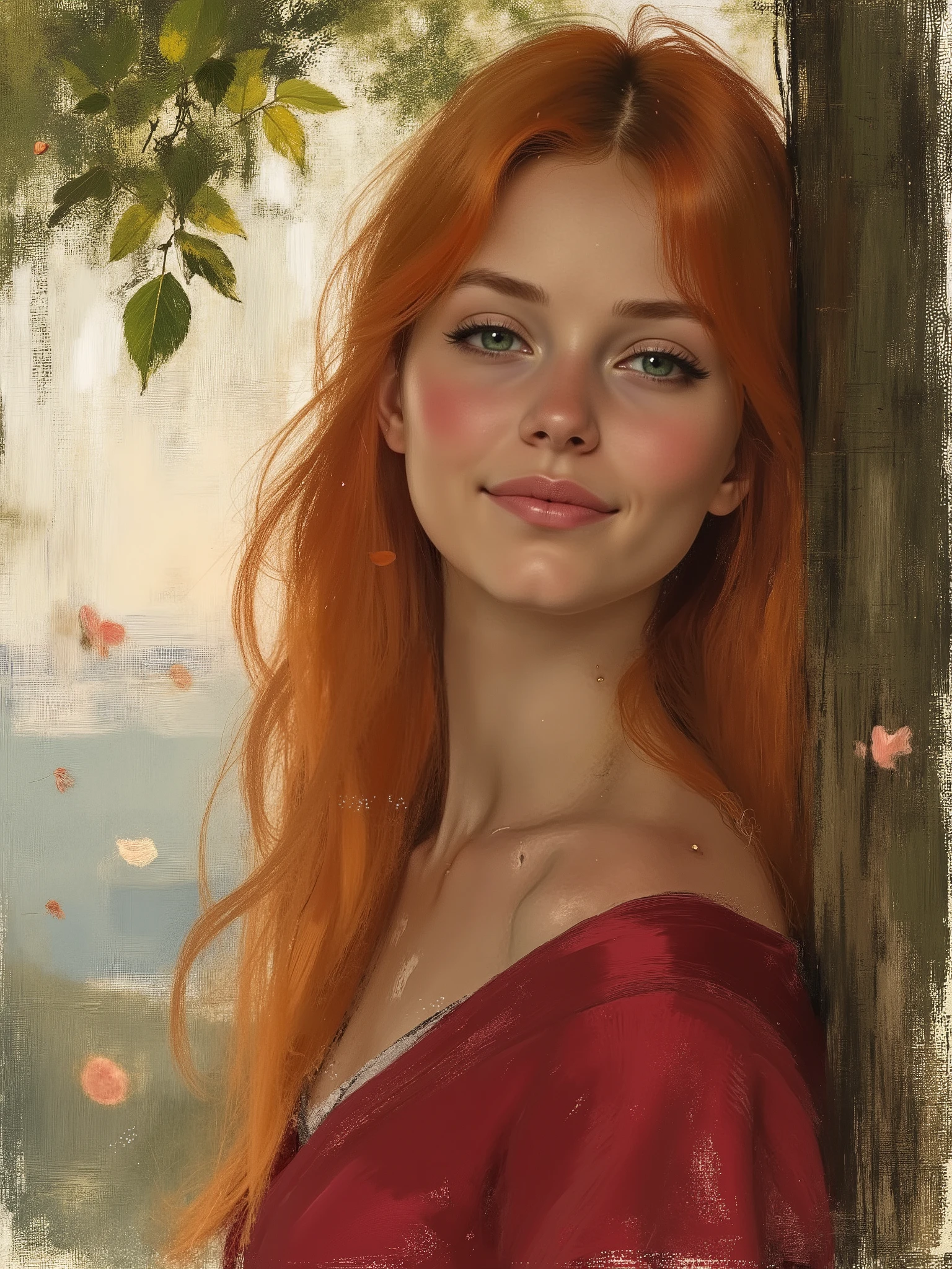 sketch painting, marinette Dopanchan, UHD, masterpiece, amazing quality, very aesthetic, ((A very beautiful 22 year old paladin warrior, a faint cetacean blue glow emanates from its robe)), ((candy pink lips)), long orange-red hair, leaning against a secuoya tree, leaves floating in the air, (flowing leaves & petals:1.3), golden dust sparkling in the air, ((Hyper realistic)), ((photorealistic)), looking at viewer, beautiful eyes, shy smile. The background is painted in a brushstroke style, with visible and expressive textures and dynamic strokes that add depth and movement. Masterpiece quality, stunning image, sharp focus, 8k UHD, soft lighting, film grain, vibrant, no blur, wide angle, soft cinematic volumetric lighting, high quality, top quality, (Best Quality), dynamic angle, epic landscape, panoramic, colorful, beautiful masterpiece, 16k, best quality.