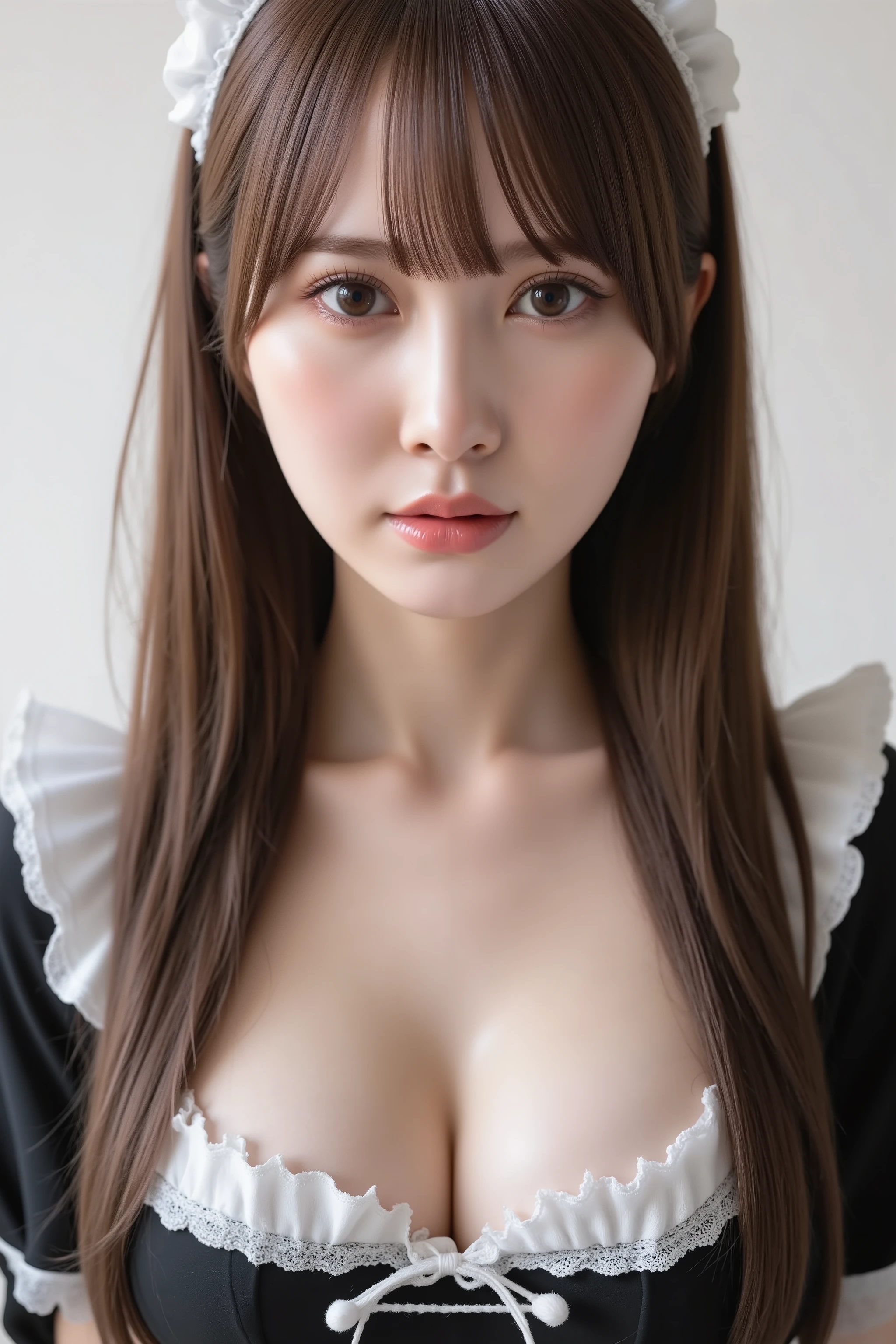High-resolution photo of a young Japanese woman. skinny, narrow waist,
16K, masterpiece, high quality, ultra detailed, photorealistic, natural lighting,
1girl, beautiful hair, big cleavage, Maid outfit with deep cleavage,
her eyes are seductive, loving gaze, looking at viewer,
An extreme close-up shot of the face, anime costume play,
simple background,