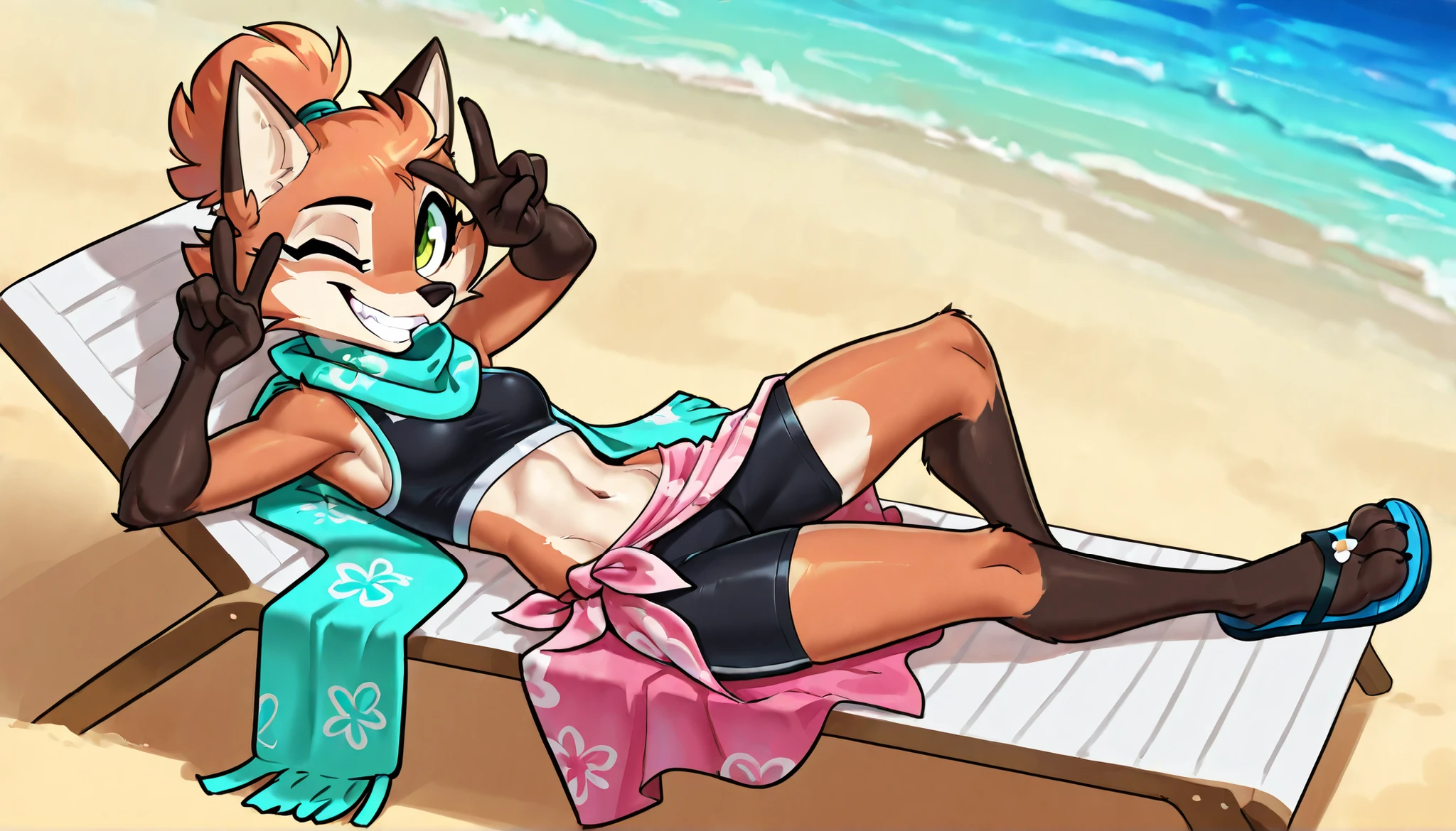 score_9, score_8_up, score_7_up, 1girl, source furry, absurdres, masterpiece, best quality, amazing quality, siroc, solo, dynamic angle, fleetfox, furry, fox, orange fur, green eyes, female, short hair, spiky pointed bangs tuft, fleetSummer, ((black tankini, midriff, black bike shorts, navel, turquoise long scarf with flower pattern, pink sarong, flip flops)), full body, feets with three toes, small breasts, ponytail, smile, v, peace sign with one hand, beach, wink, one eye closed, grin, lay on beach chair, 