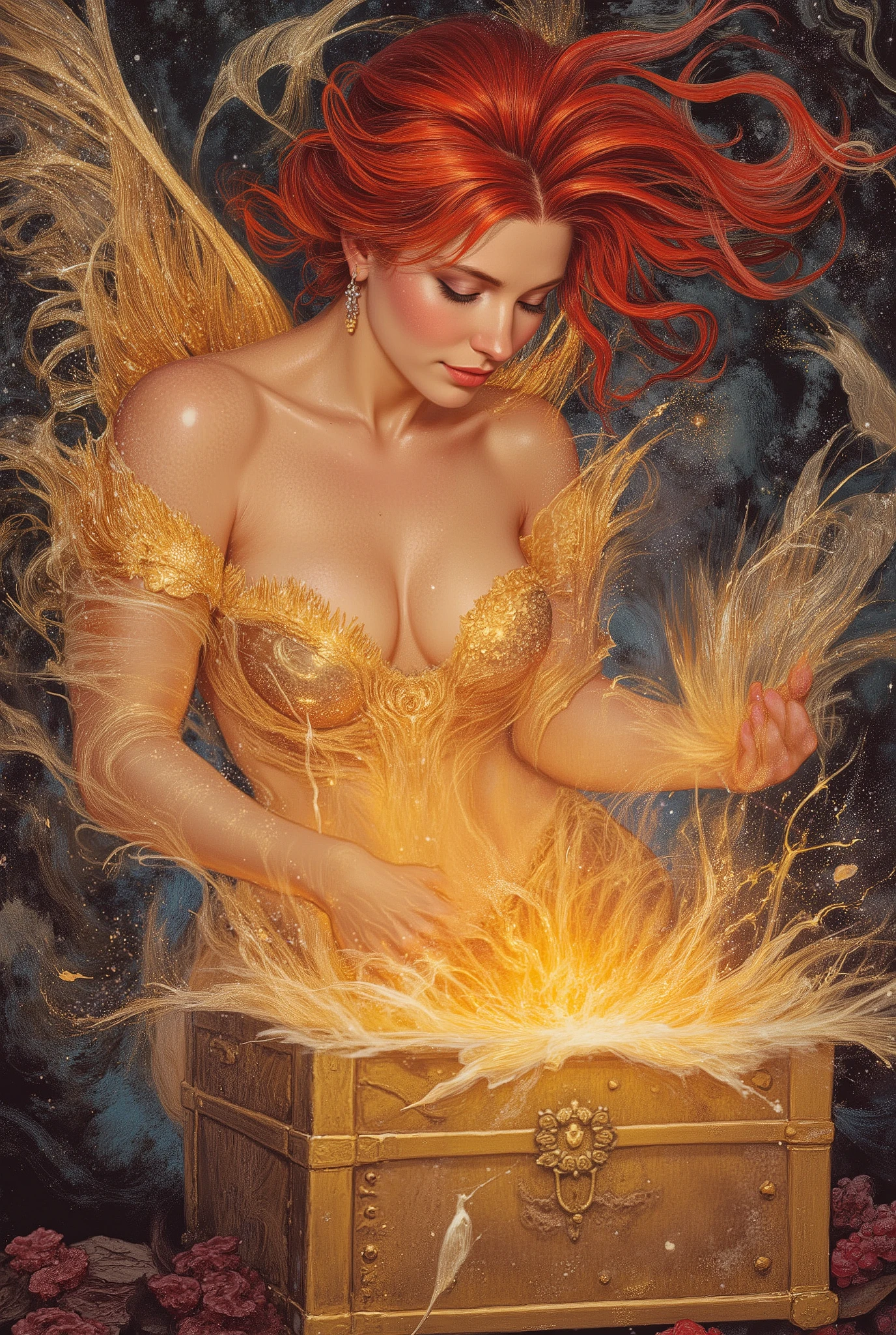 Create a majestic portrayal of Pandora opening a gold chest letting all the evils of the world in swirling colors, splashart, anatomically correct, Pandora has a stunning immaculate beauty, curvy 22 year old sensation and attractive form, crimson hair, wearing a lowcut gold mesh dress, perfect large saggy breasts, angelic young face, clothed in pure opalescent light ((abstract background)), piercingeyes, epic instagram, art stations, Color paint splash style+, contour lines, hyperdetailed intricately detailed, Unreal Engine, magnifica, intricate detailes, splash screen, Complementary color scheme, Realistic concept art, 8K分辨率, Masterpiece of deviance, an oil painting, heavy brushstrokes, Ink Drop, Splash gear