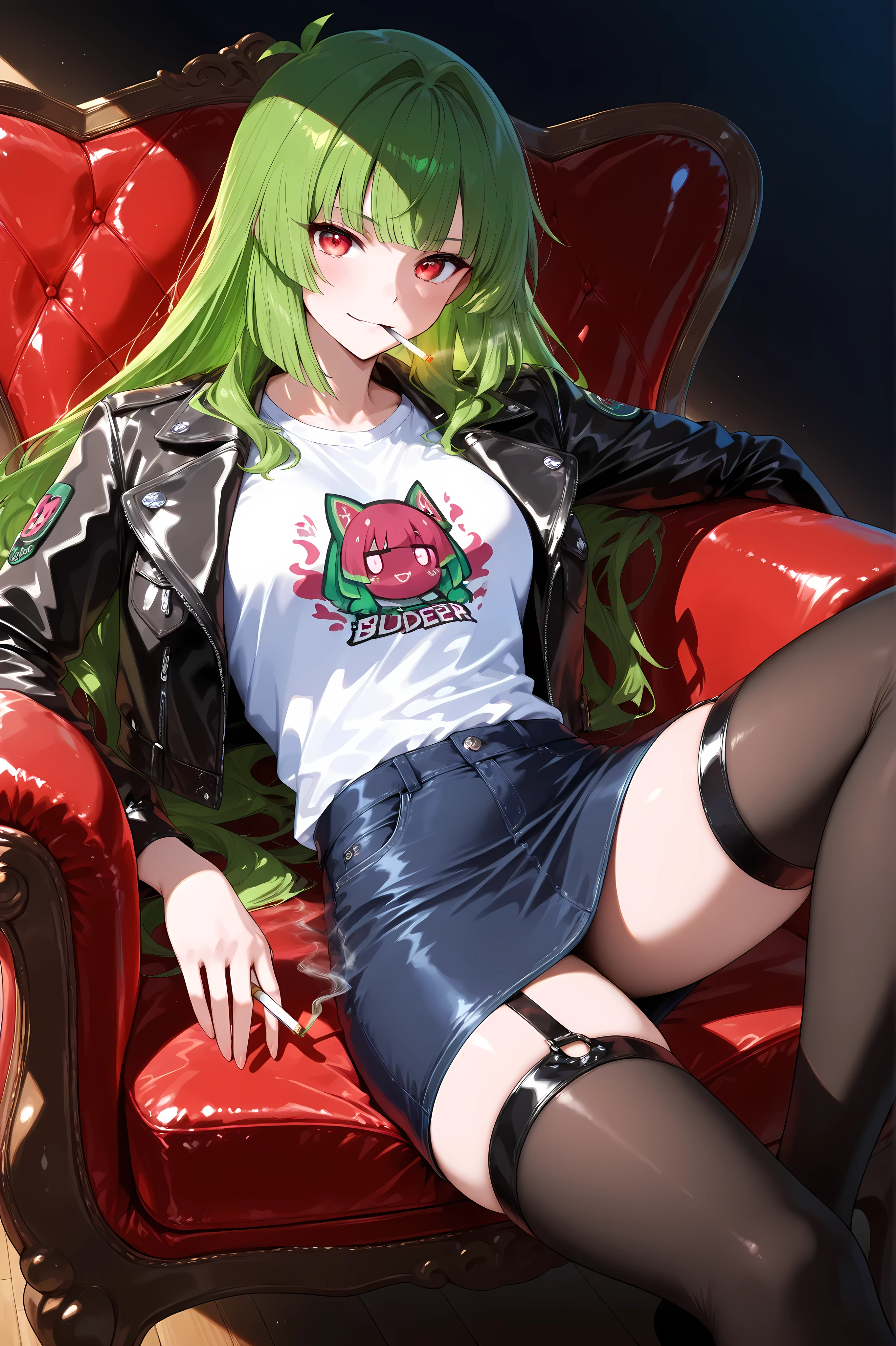 (moody lighting, dramatic shadows, bloom lighting, colored shadows, Ink Style, best quality, soft lines, clear details, masterpiece:1.3, 8k:1.3, Highest quality:1.3, detail:1.3, high resolution:1.3, digital painting, super detail),
(cinematic, low angle shot),
1 rebellious rocker girl, (long hair, green hair:1.3), (vibrant red eyes:1.3),
(lounging on a worn black leather armchair:1.4), 
wearing: (tight dark denim skirt:1.3), band t-shirt, leather jacket with patches, stockings and garter
(cigarette in mouth:1.4), confident smirk,