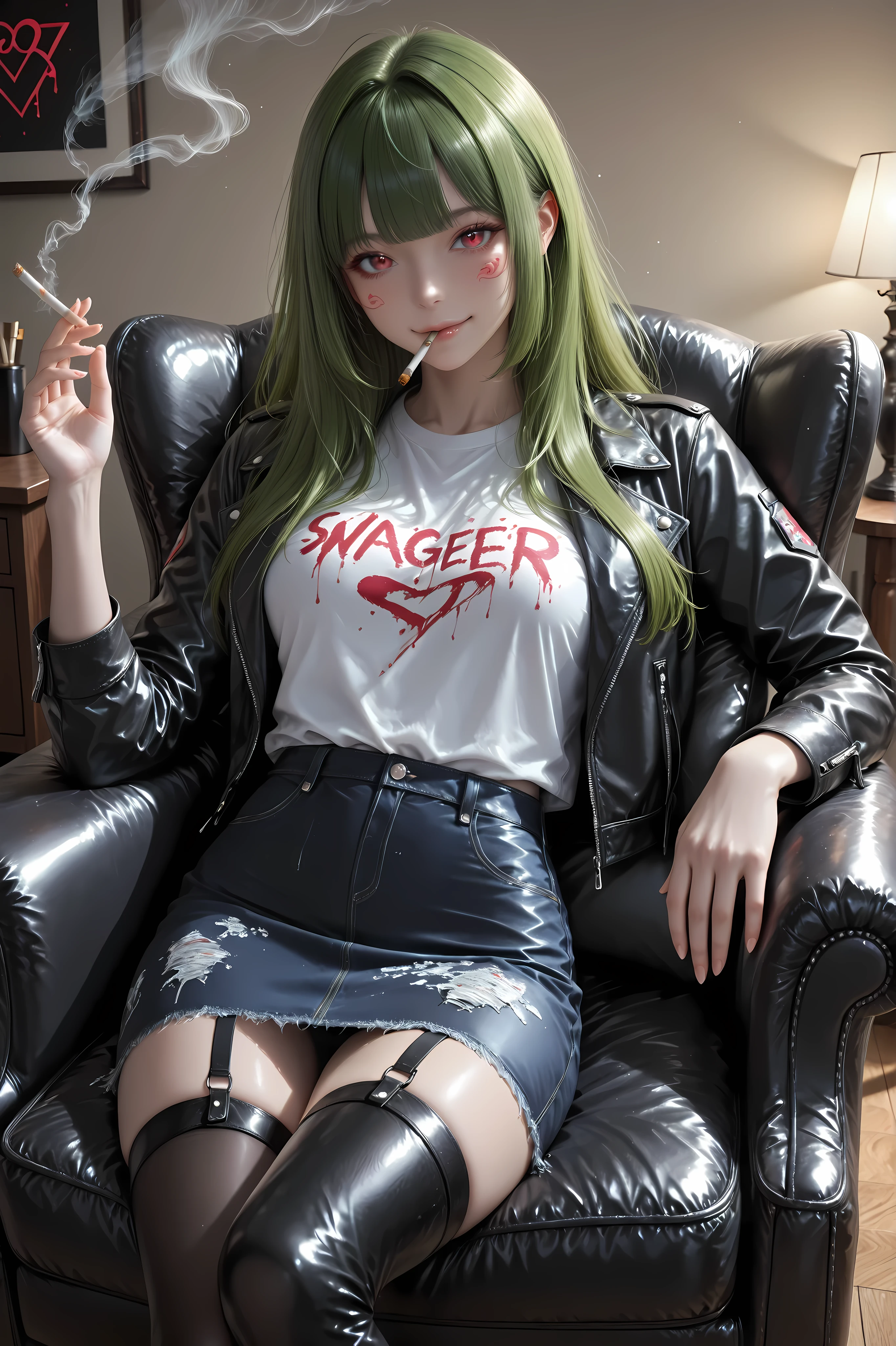(moody lighting, dramatic shadows, bloom lighting, colored shadows, Ink Style, best quality, soft lines, clear details, masterpiece:1.3, 8k:1.3, Highest quality:1.3, detail:1.3, high resolution:1.3, digital painting, super detail),
(cinematic, low angle shot),
1 rebellious rocker girl, (long hair, green hair:1.3), (vibrant red eyes:1.3),
(lounging on a worn black leather armchair:1.4), 
wearing: (tight dark denim skirt:1.3), band t-shirt, leather jacket with patches, stockings and garter
(cigarette in mouth:1.4), confident smirk,
