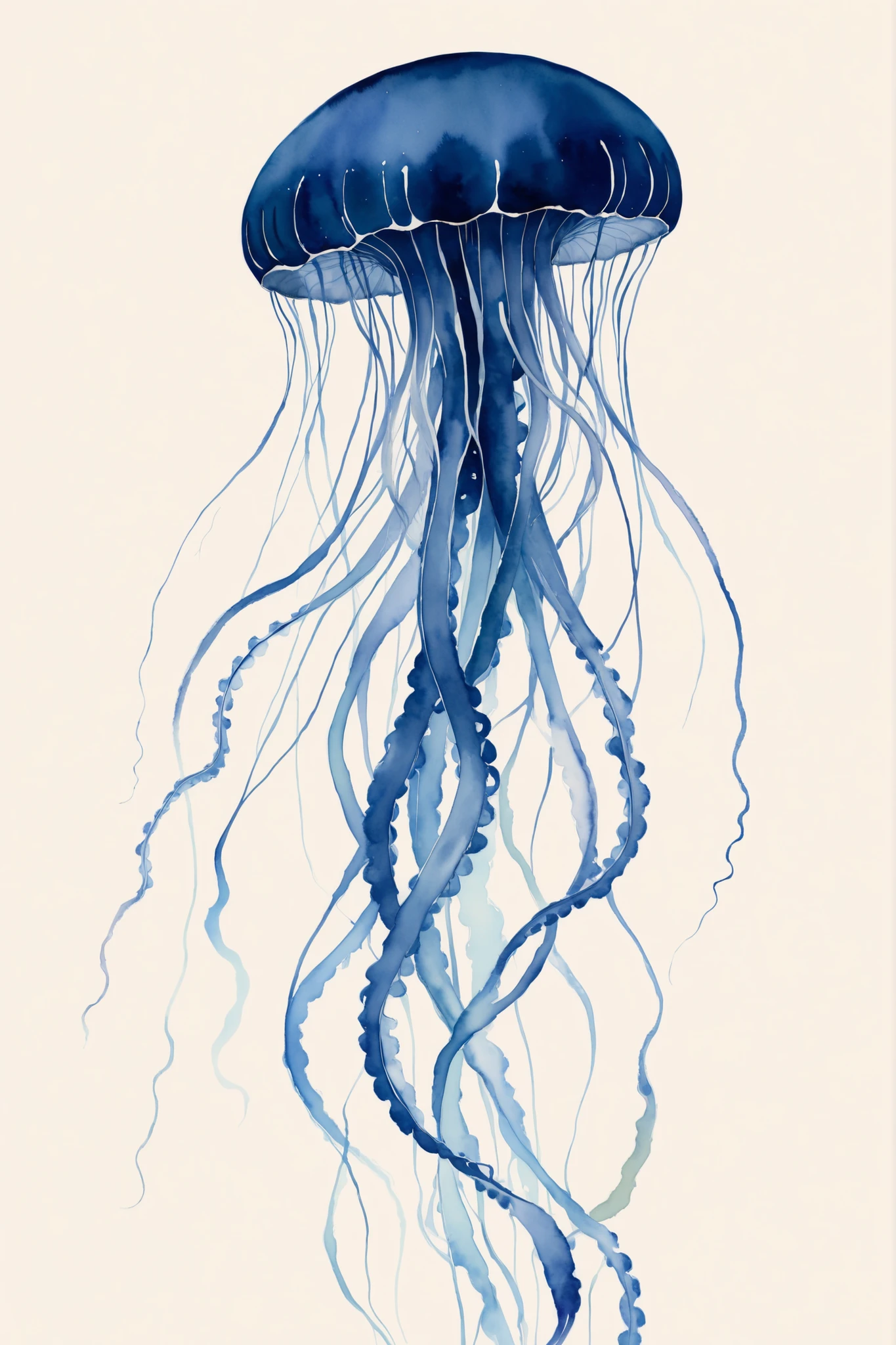 A minimal and fantastical watercolor illustration. Three to five abstract jellyfish are placed against a light background. The exceptionally long tentacles extending from each jellyfish create elegant vertical lines on the canvas. The jellyfish in the foreground are distinct, while those in the background are rendered softly as if in a mist, conveying a sense of spatial expanse. The color palette is limited, for instance, using only indigo blue with gold accents. A quiet and poetic piece that highlights the beauty of watercolor bleeds and negative space.
Keywords: minimalist art, watercolor, abstract jellyfish, long tentacles, depth, vertical lines, negative space, fantasy, indigo, poetic