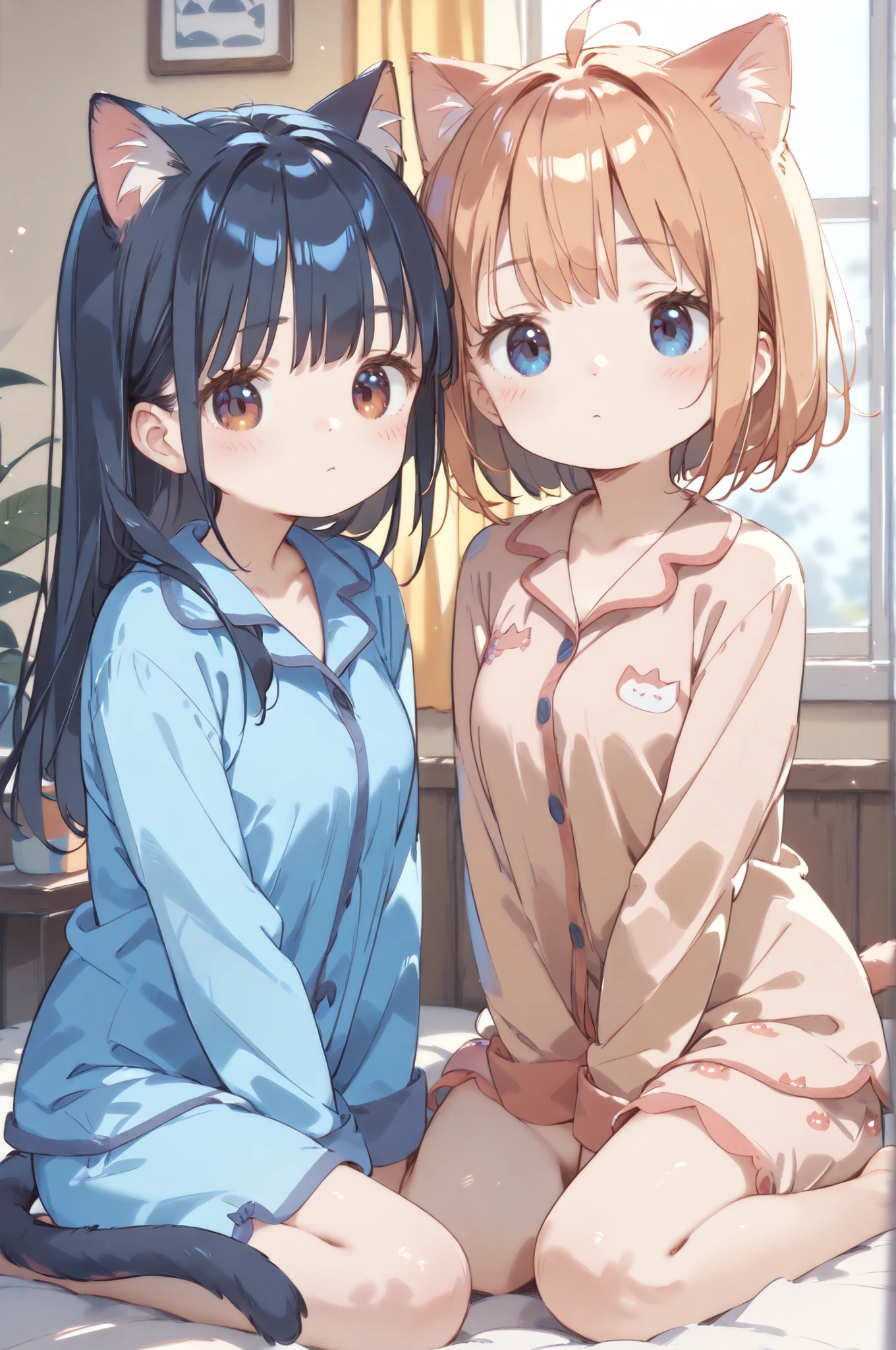 masterpiece、Highest Quality、Highest Quality、8k,anime style、2girls、、Cat ears、、cat tail、Room、is messy、pajamas、look sleepy、Tired