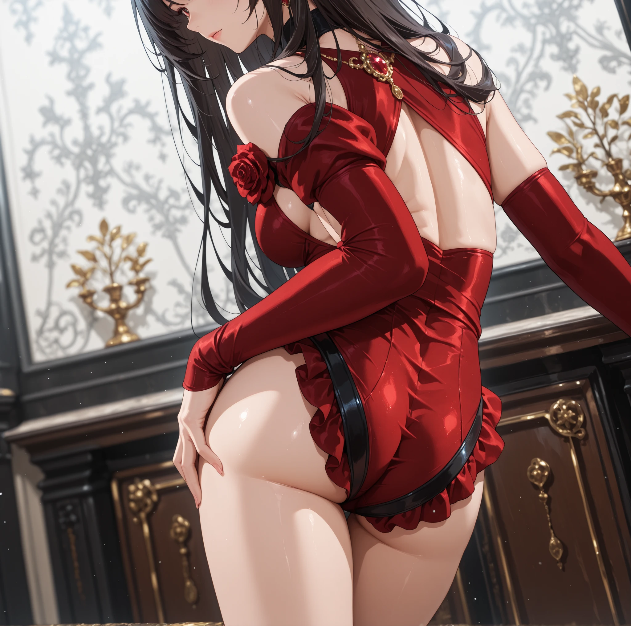 A woman in a velvet outfit looking over her shoulder, in a highly detailed anime style