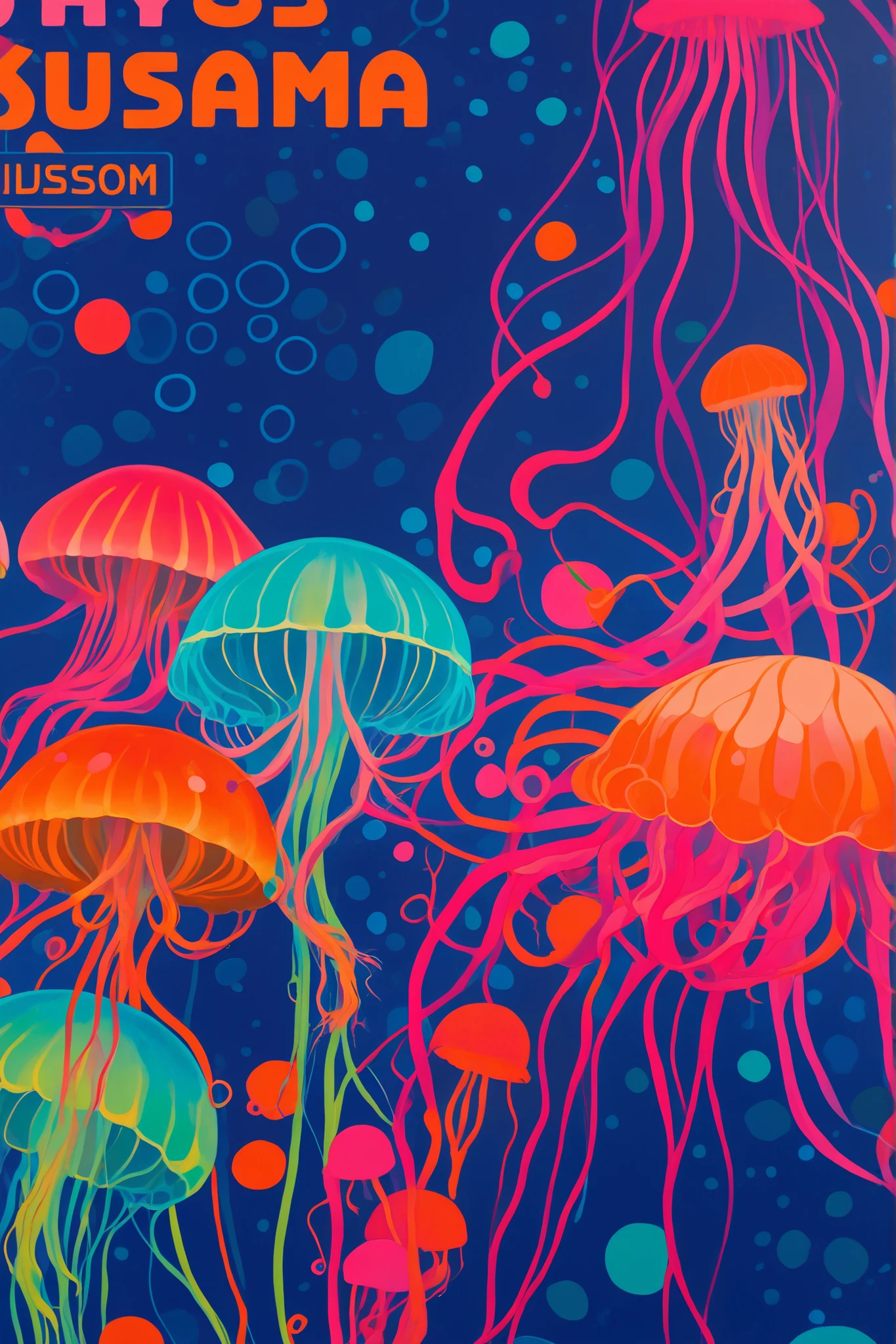 A bright and minimalist abstract artwork inspired by jellyfish. The canvas is rhythmically filled with circles of various sizes, representing the bells of jellyfish. The colors are primarily red, pink, and orange, with some circles featuring fine patterns. Thin, long lines (tentacles) extend downwards from each circle. The background is dark navy blue with blue and green accents at the bottom.
Keywords: abstract art, jellyfish, circles, lines, minimalist, rhythmic, pink and orange, light background, graphic art