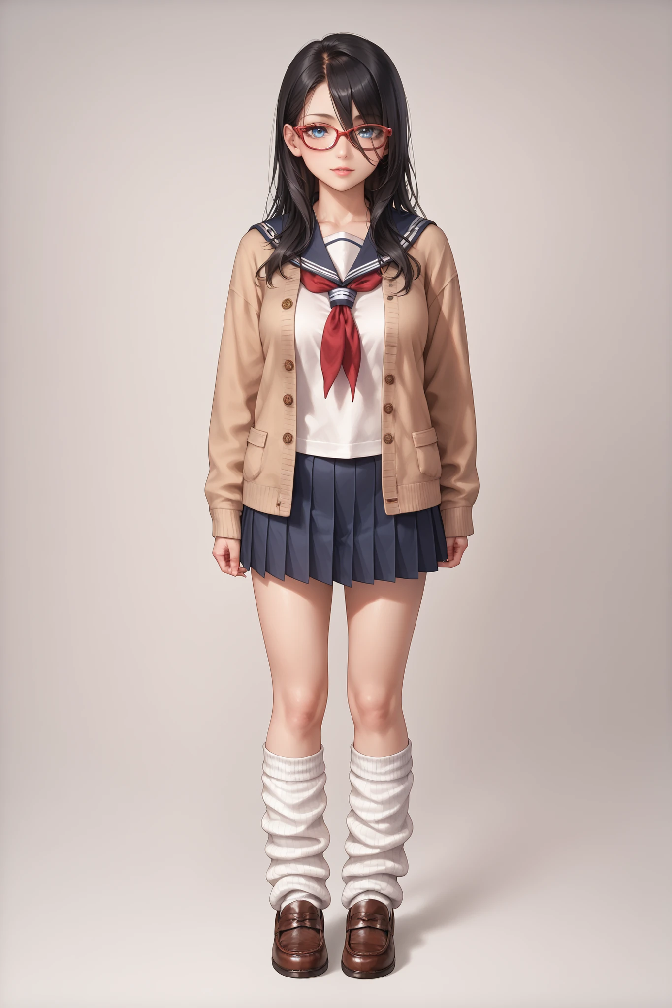 ((inspired by )),((inspired by Animation Style:1.5)),(masterpiece, best quality),beautiful, beautiful-woman, ((detailed face)).(full body:1.3).,
((black hair)), glasses, blue eyes, long hair, over-rim eye-wear,semi-rimless eye-wear, between eyes .(red-framed glasses:1.2),
,
1-woman.
The woman is wearing school uniform and loose socks with loafers,(loose socks:1.5), she is wearing sailor-school-uniform with cardigan and skirt, sailor collar ,neckerchief,