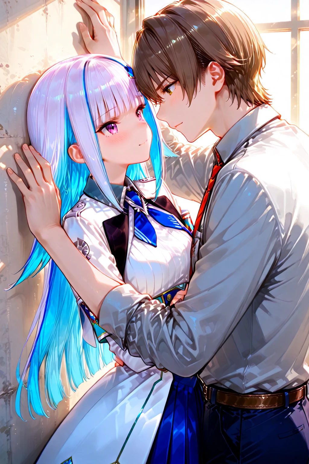A boy with light blue hair height 1.84 date clothes kissing girl with wavy platinum white hair with crimson red eyes height 1.70s with fox breed quote clothes