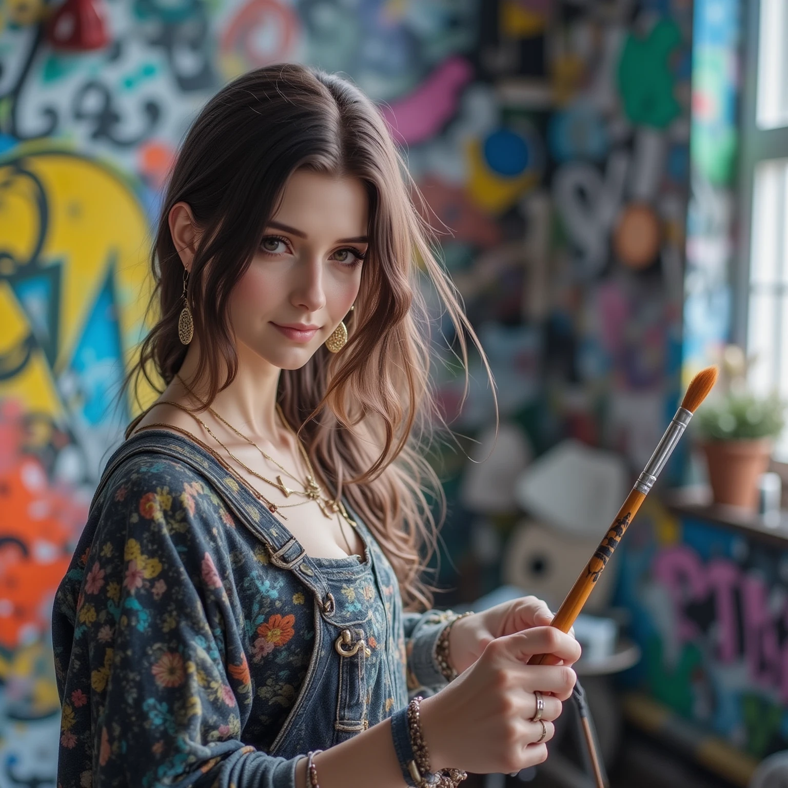 A 15-year-old brunette  in an art studio