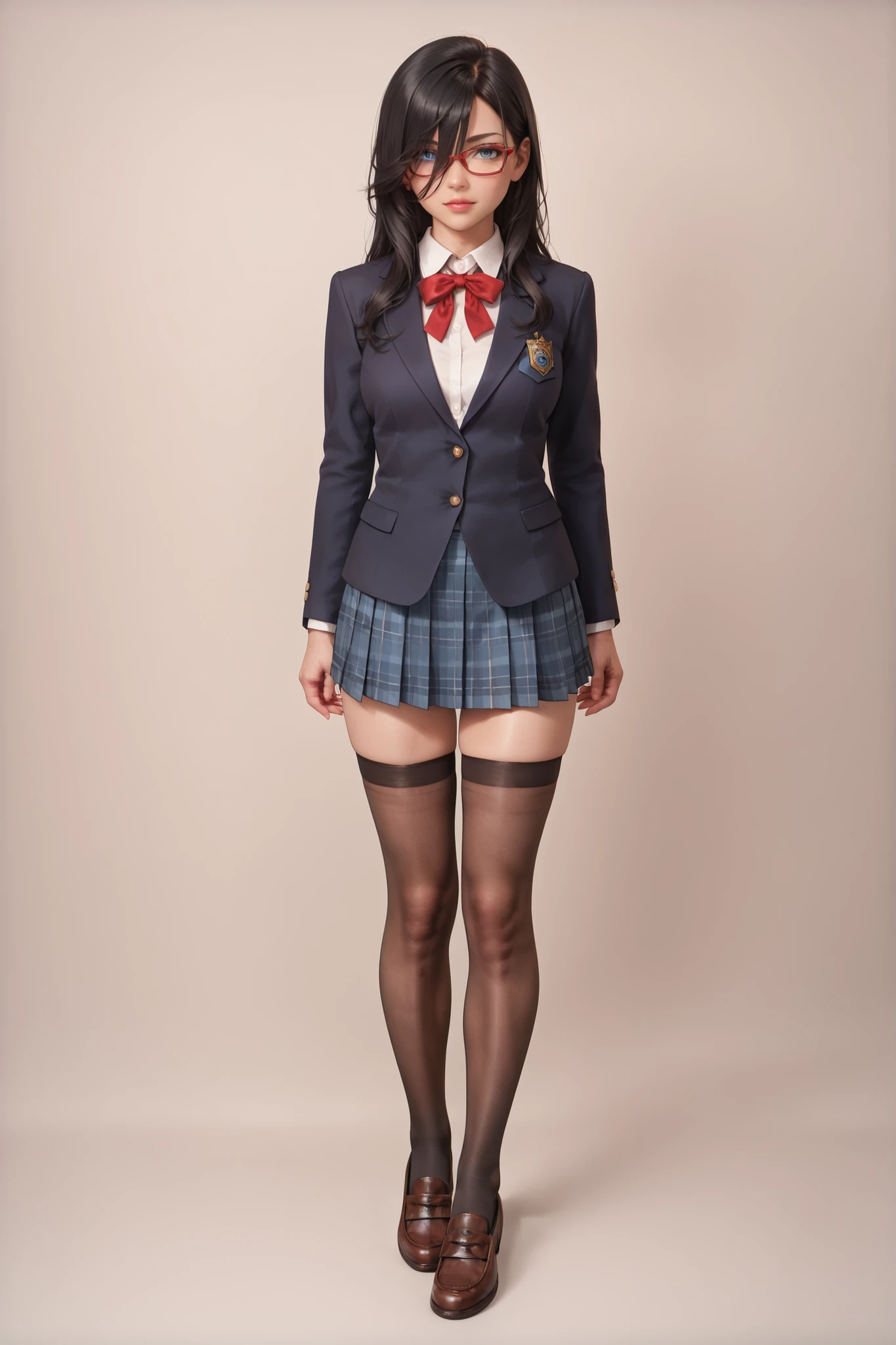 ((inspired by )),((inspired by Animation Style:1.5)),(masterpiece, best quality),beautiful, beautiful-woman, ((detailed face)).(full body:1.3).,
((black hair)), glasses, blue eyes, long hair, over-rim eye-wear,semi-rimless eye-wear, between eyes .(red-framed glasses:1.2),
,
1-woman.
The woman is wearing school uniform and thigh-highs with loafers ,she is wearing blazer with collared shirt and plaid skirt, neck ribbon, ((thigh-highs:1.2)),