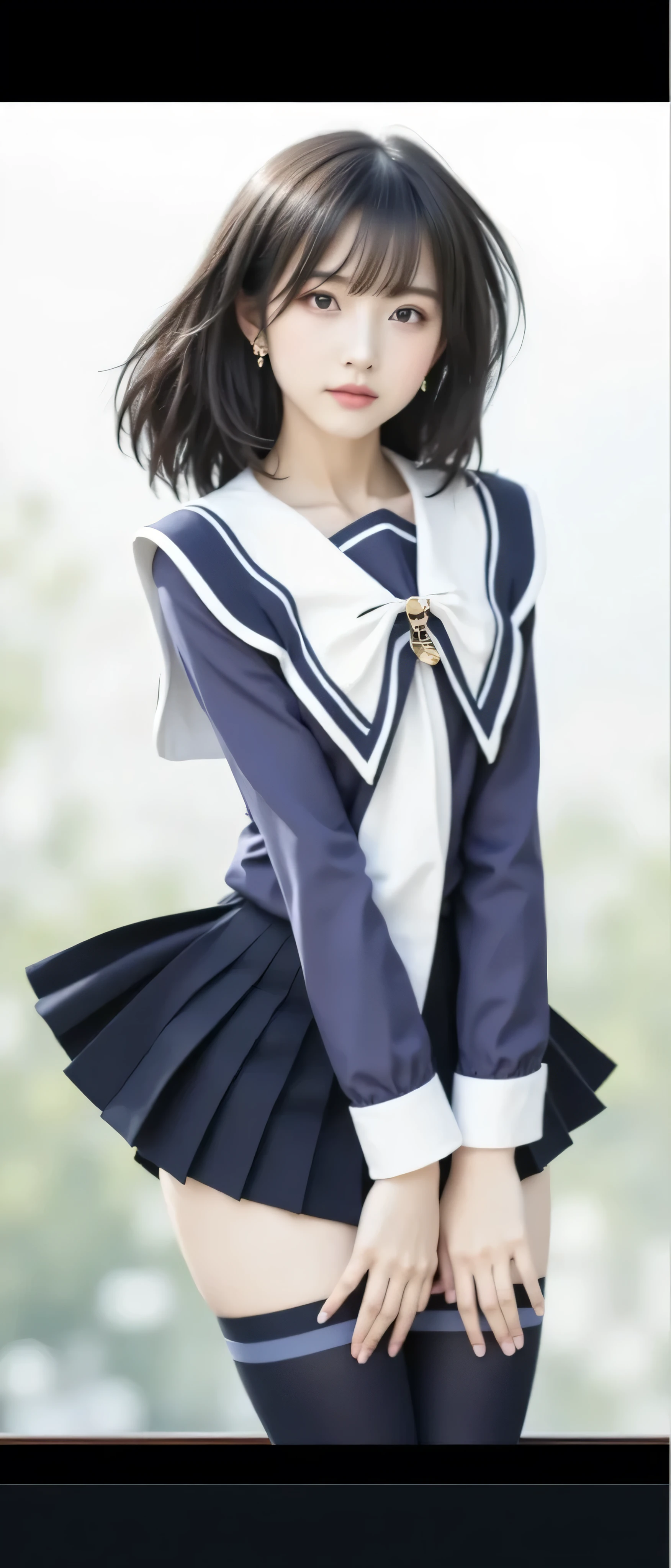 holiday,Iori Ashizuki、Masterpiece、realism、最High Quality、  medium hair,  she,  ,   shorts big enough to hide the butt  , earrings ,    blue uniform 、Pleated Miniskirt    ,Japanese Women,object,white skin,black hair , 4K, Highly Accurate Choices, High Quality, skin texture,chest, Background,、sailor suit with light blue ribbon 、
Panchira、wears white panties 、    Mountain々Standing at a low angle bat、     Mountain々Standing at a low angle、      blue swimsuit、　Hamiketsu、   blushes and I'm embarrassed  、Red、the skirt floats and you can see the lower half of the panties、Panties big enough to hide your butt、
　realism、