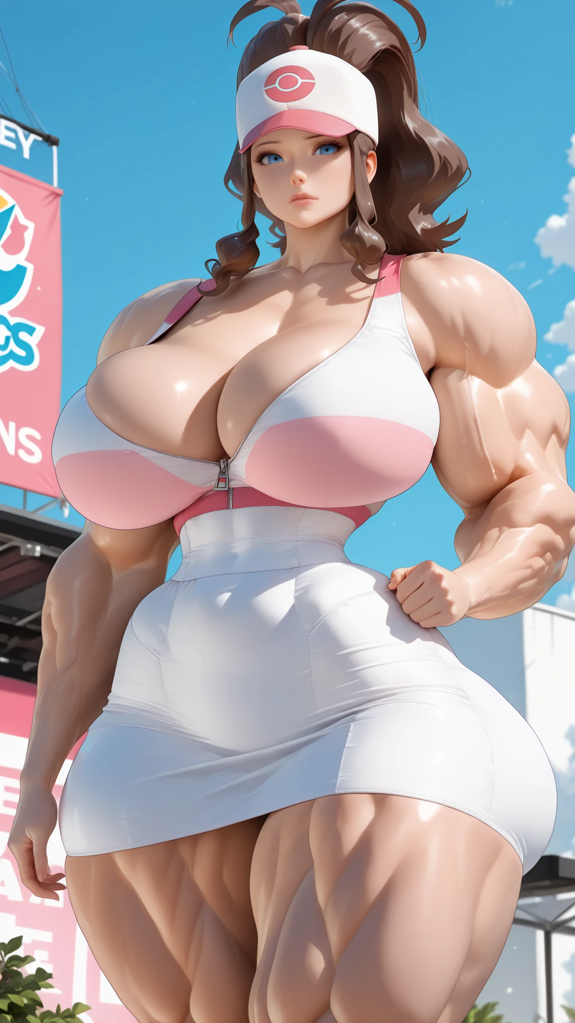 (((hilda_pokemon))), (((super Muscular))), (((big boobs))), muscular legs, ((small waist)), (((wide hips))), big hip-length clothing, (((Huge Woman))), (((Giant Ass))), the best quality, (ultra HD quality details), (((1 girl))), sexy woman, (((beautiful woman))), Female Only, a single character, (((edificios antiguos atack on titans))), (((front view))), zzHilda, blue eyes, long hair, high ponytail, sidelocks,,zzHilda, blue eyes, long hair, high ponytail, sidelocks, hat, collarbone, (((lenceria de encaje color negro))) (((estirandose))), pechos a reventar,