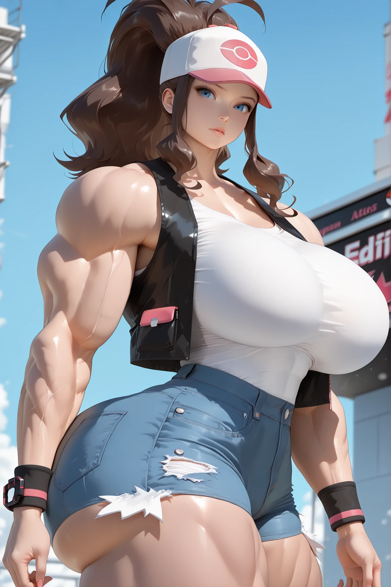 (((hilda_pokemon))), (((super Muscular))), (((big boobs))), muscular legs, ((small waist)), (((wide hips))), big hip-length clothing, (((Huge Woman))), (((Giant Ass))), the best quality, (ultra HD quality details), (((1 girl))), sexy woman, (((beautiful woman))), Female Only, a single character, (((edificios antiguos atack on titans))), (((front view))), zzHilda, blue eyes, long hair, high ponytail, sidelocks,,zzHilda, blue eyes, long hair, high ponytail, sidelocks, hat, collarbone, white shirt, black vest, sleeveless, wristband, short shorts, denim shorts, exposed pocket, estirandose, pechos a reventar