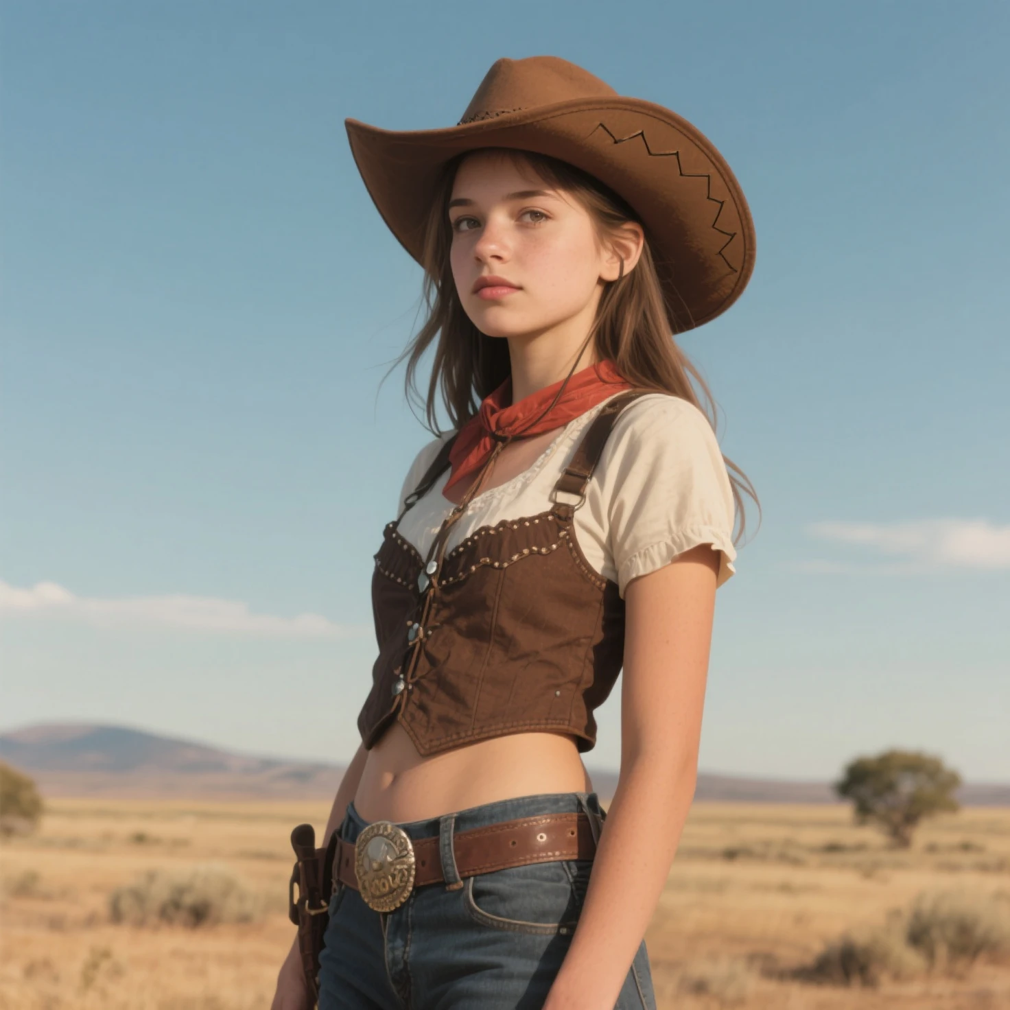 ((high resolution)), athletic, defined muscles, ((pale skin)), freckled, brunette 11 year old, with blue eyes, long curly hair with bangs, ((small )), , as a cowgirl, cowboy hat