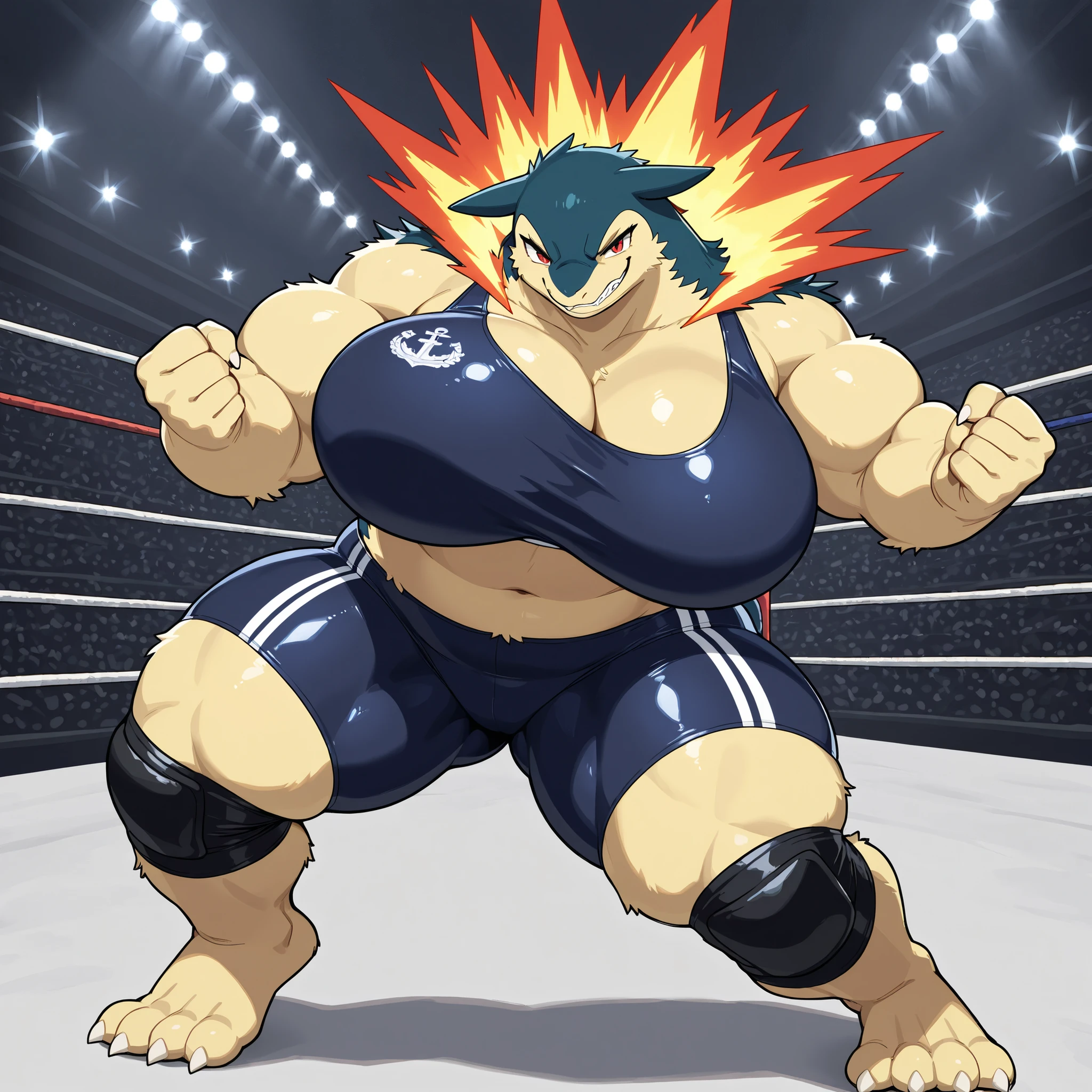 giant feral female typhlosion, solo, red eyes, evil grin, navy blue and beige fur, bulky massive, very giant body, big boobs, thick thighs, big feet, thick arms, strong fighting pose, wearing glossy rubber, black wrestling spandex, looking at viewer, full body, wrestling background, from below