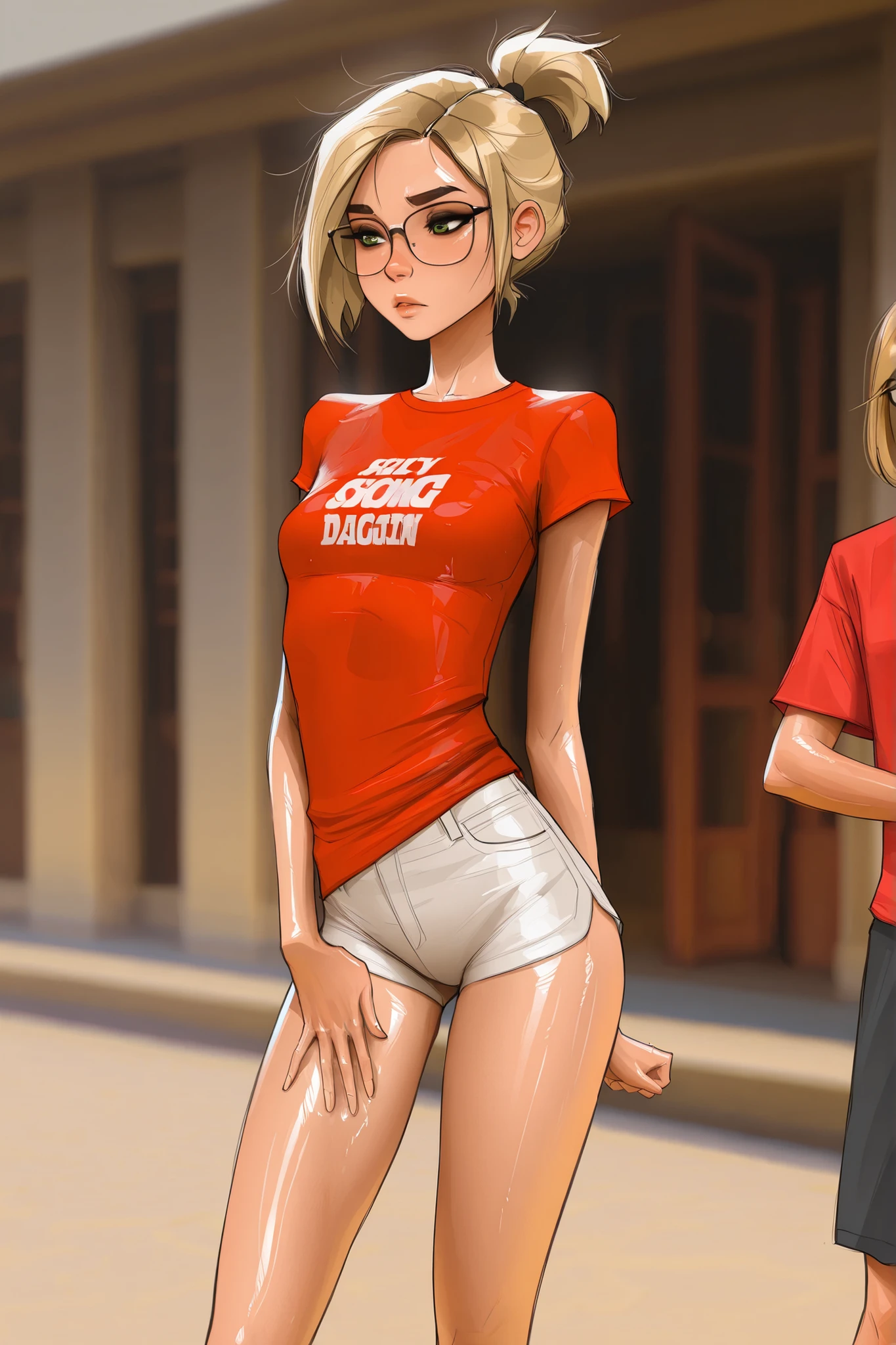 hipster glasses, short hair, green eyes, blonde hair, masterpiece, best quality, very aesthetic, movie quality, depth of field,soft saturation, focused subject, ,official style, shiny skin, 1girl, dark eyeliner, short ponytail, , darcy redd, shirow masamune,  sam yang style,  oily skin,  1girl, small ,  wavy brown hair, red tshirt, white jean shorts, tall girl, long abdomen, 