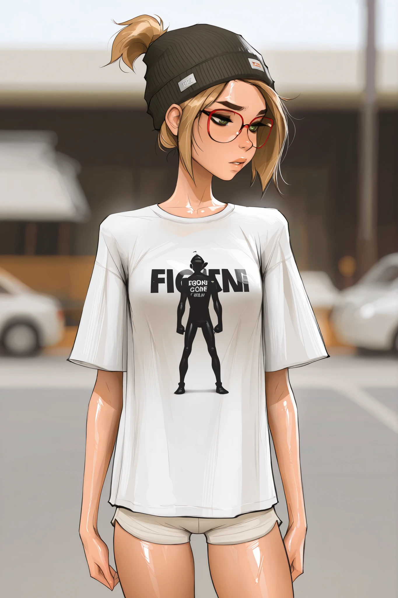 red rimmed glasses, short hair, green eyes, blonde hair, masterpiece, best quality, very aesthetic, movie quality, depth of field,soft saturation, focused subject, ,official style, shiny skin, 1girl, dark eyeliner, short ponytail, high top beanie, darcy redd, shirow masamune,  sam yang style,  oily skin,  1girl, small ,  wavy brown hair, tshirt, white jean shorts, tall girl, long abdomen, 